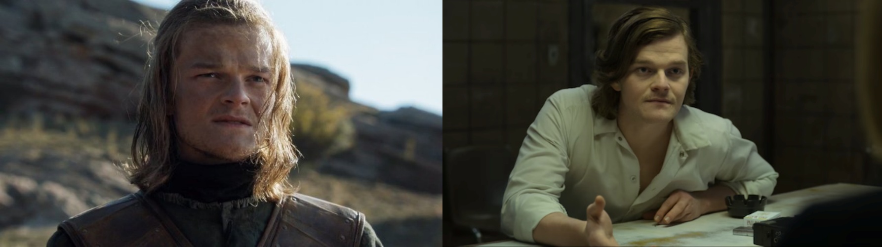 Robert Aramayo as Young Ned Stark in Game of Thrones (left) and Elmer