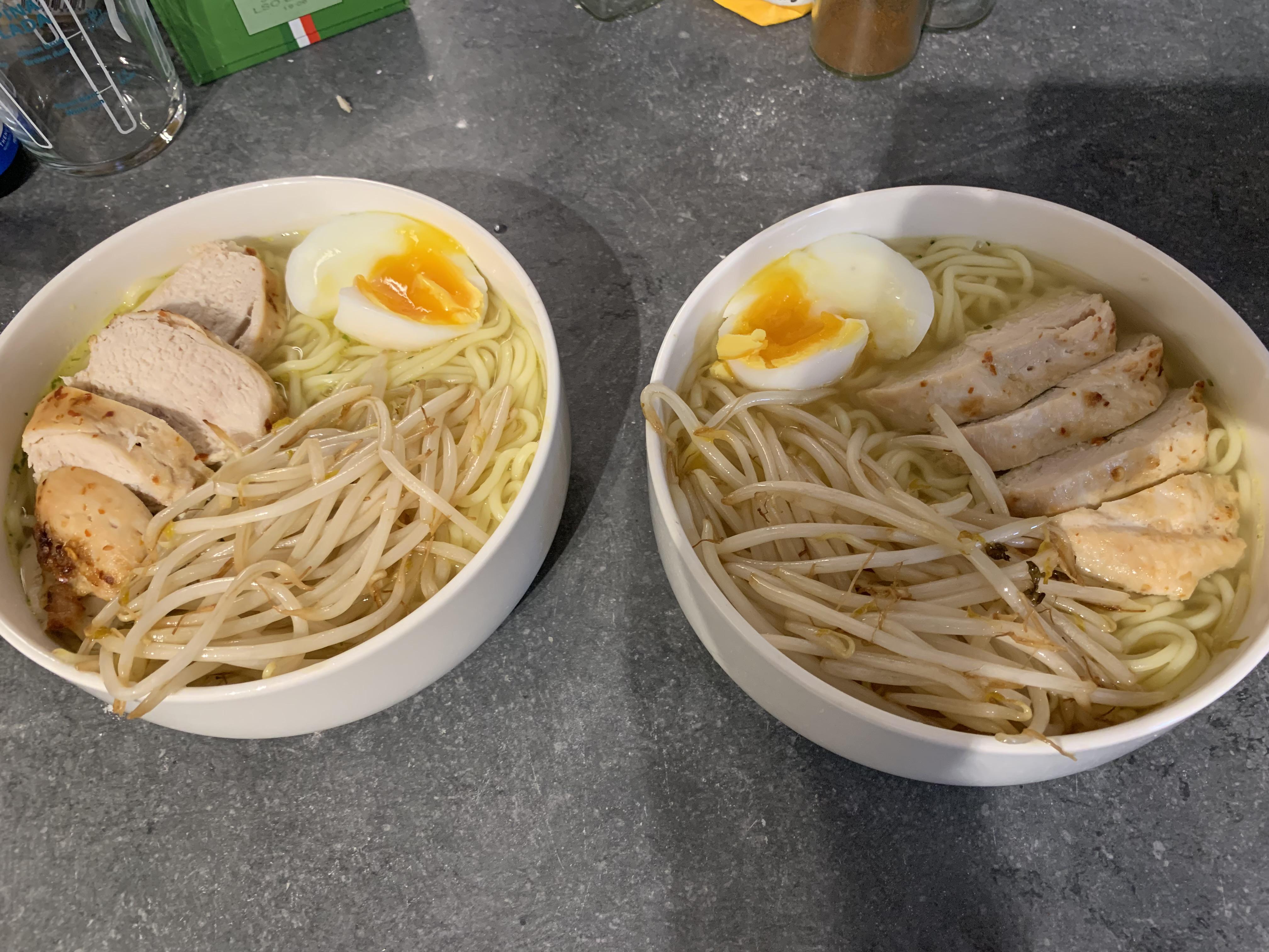 Chicken broth ramen with gingerchilli marinaded chicken and sesame