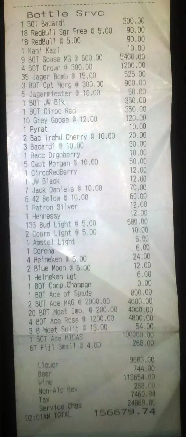 The Boston Bruins bar tab from Foxwoods after winning the Stanley Cup