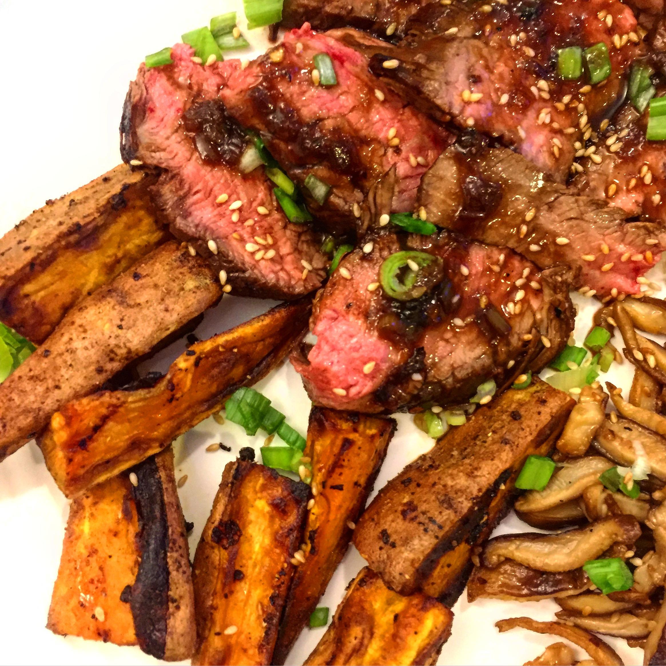 [HOMEMADE] Seared Marinated Flank Steak, Roasted Sweet Potatoes, and