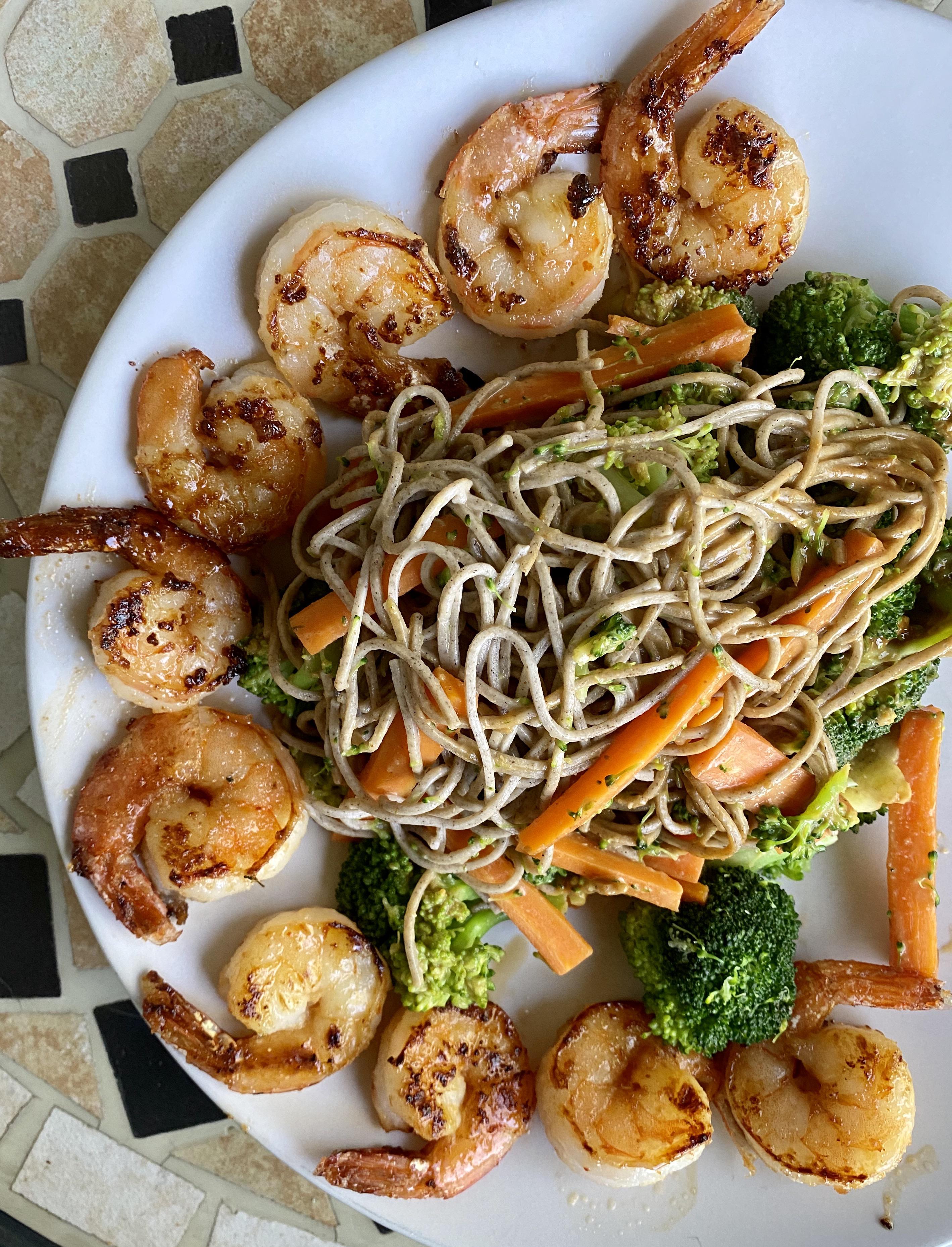spicy soba noodles with broccoli, carrots and marinated spicy shrimp