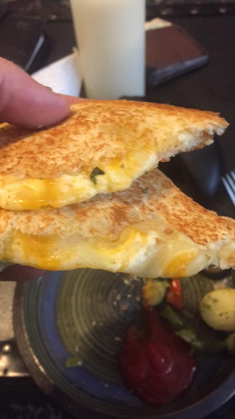 American, cheddar, and pepper jack cheese. r/grilledcheese