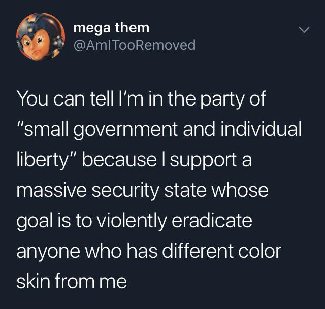 “Small gov” just means “I don’t care what the government does to you if