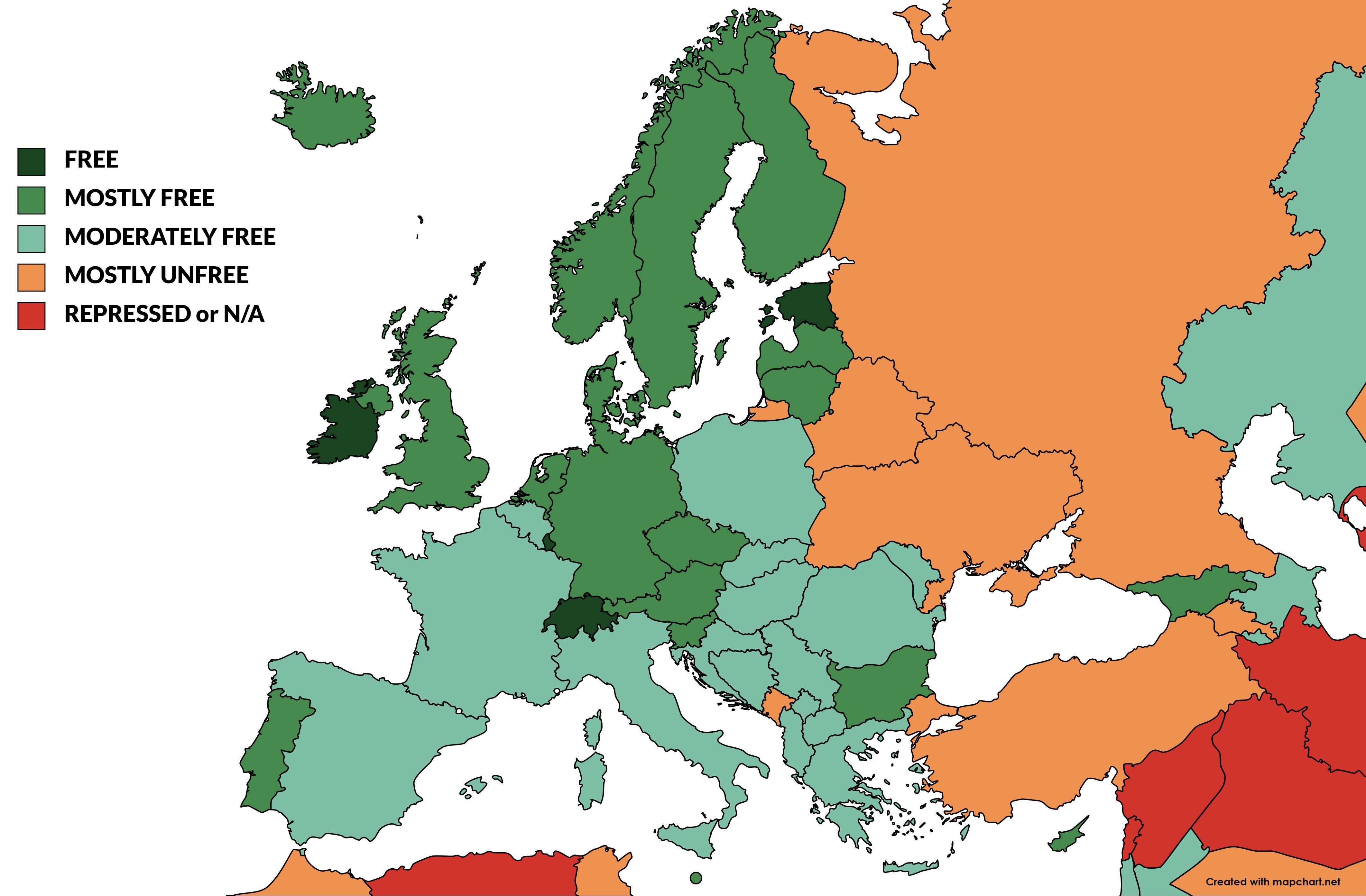 Classification of the countries in Economic Freedom Index 2022 r/europe