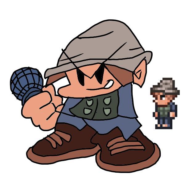 My friend drew this, it's the angler from terraria as boyfriend r