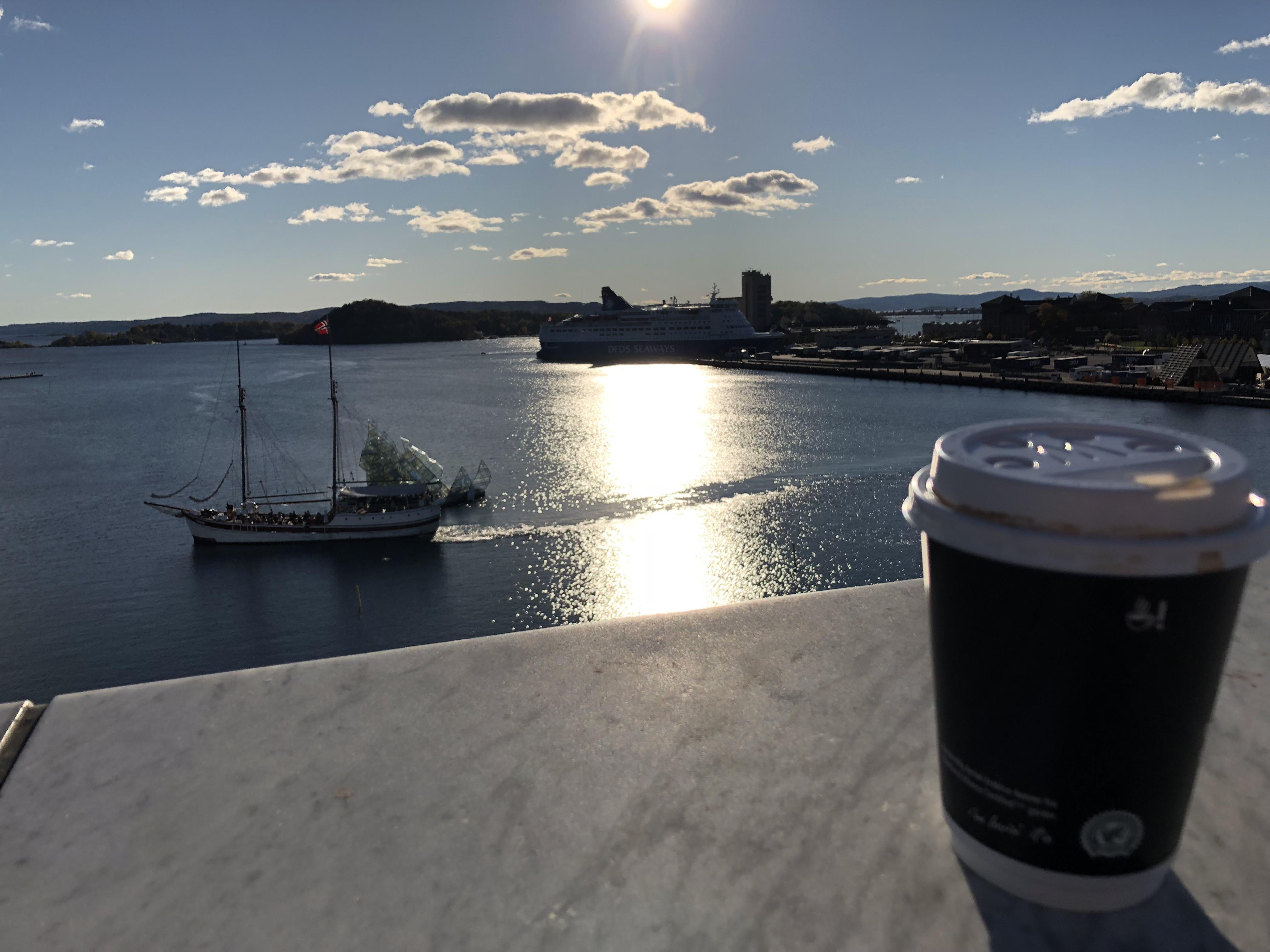 Enjoying a coffee in the fall sun with a view of the Oslo fjord. r