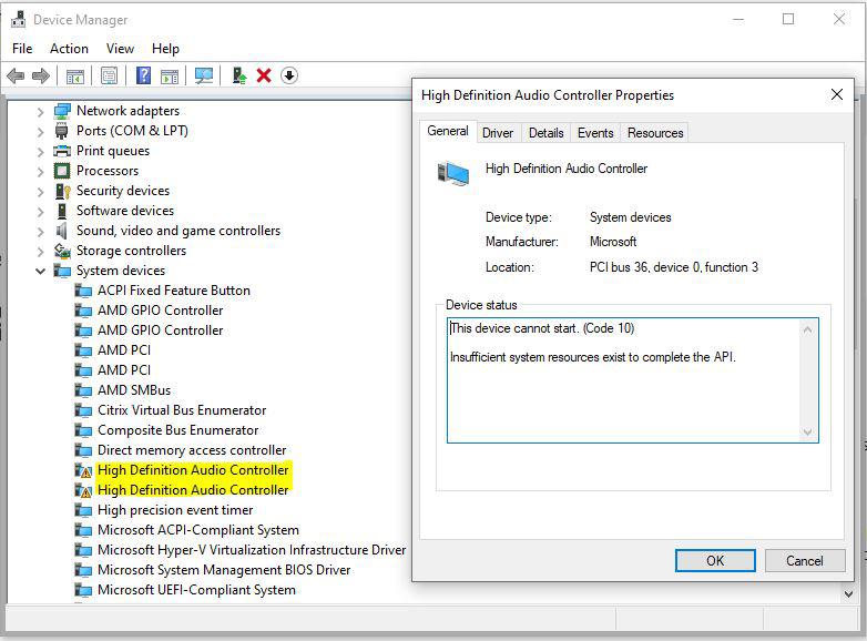 Audio Problem High Definition Audio Controller (Code 10) Insufficient