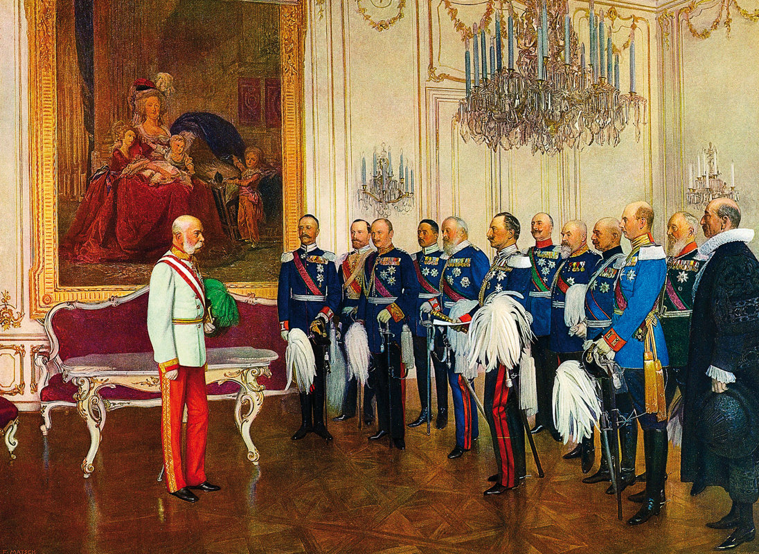 Emperor Franz Joseph receiving delegation of German princes led by Kaiser Wilhelm for 60th