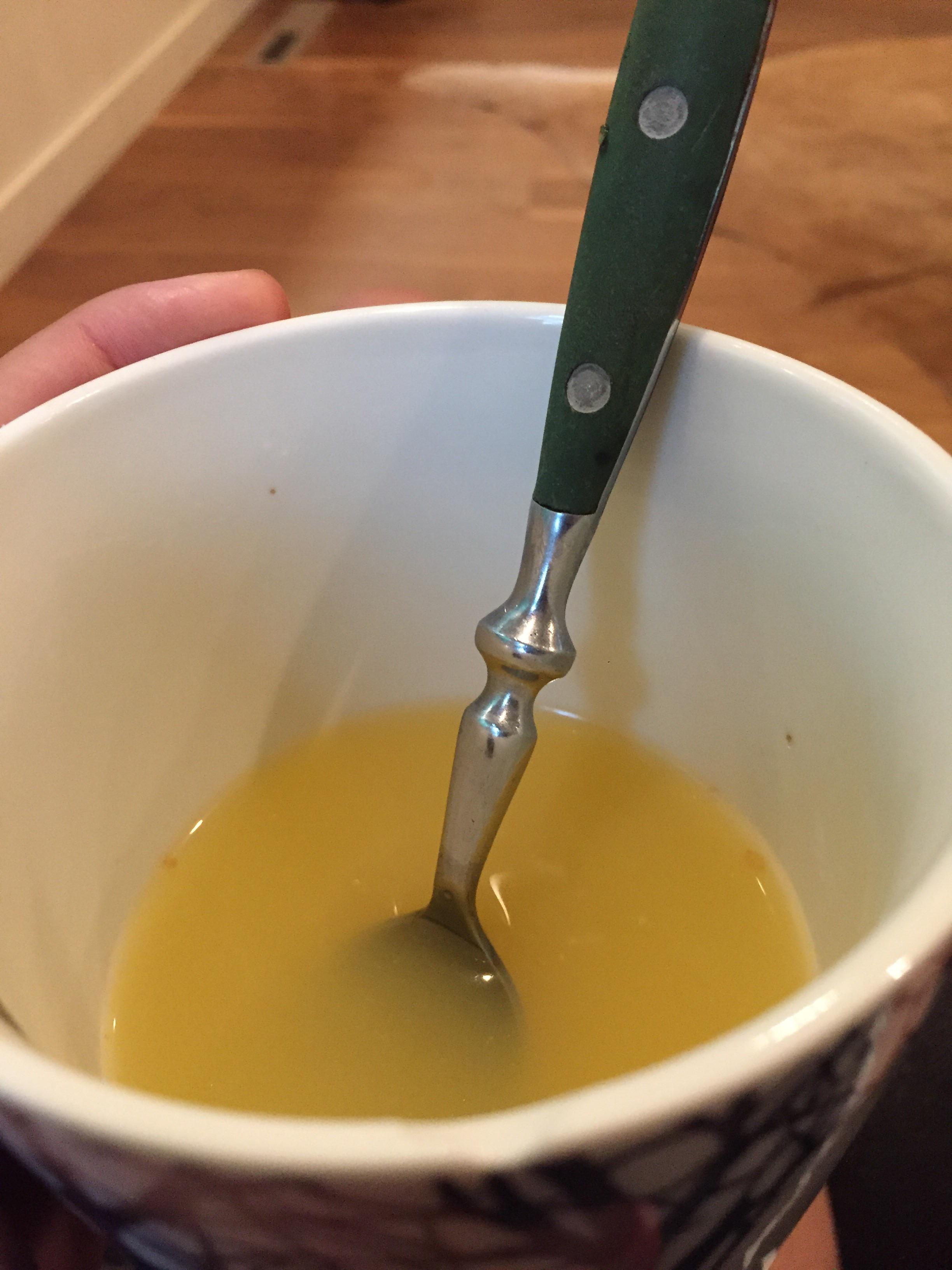 A cup of chicken broth on a rainy day. One cup is 20 cals and it