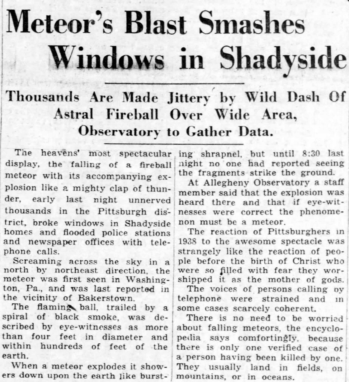 TIL that on June 24 1938, a meteor that landed in Chicora in Butler