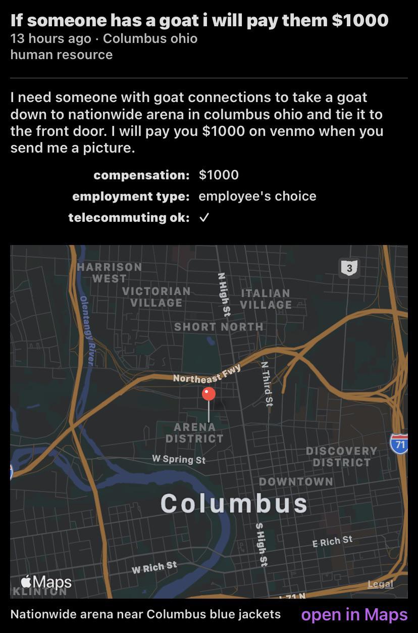 Anyone have a goat? Job posting on Craigslist... Columbus