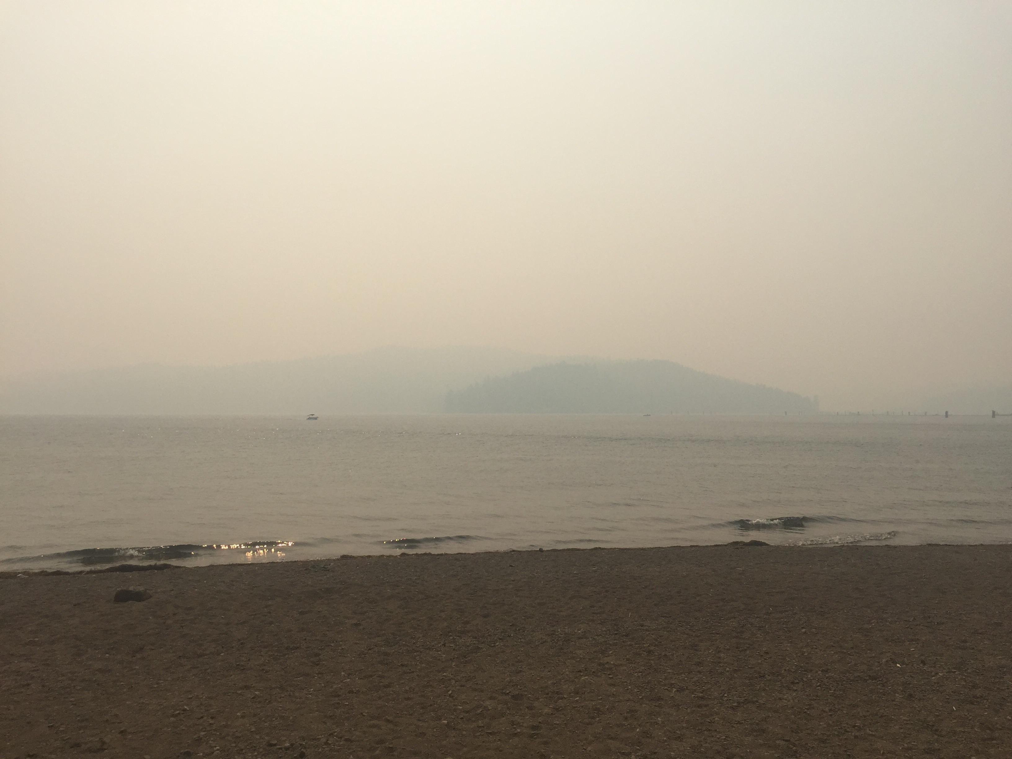 Lake Coeur d'Alene, obscured by the smoke coming mainly from wildfires