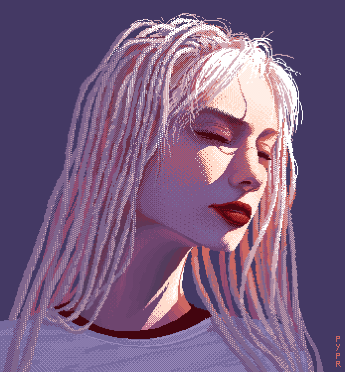 My latest art and my first portrait in pixels, 17 colors. Tried