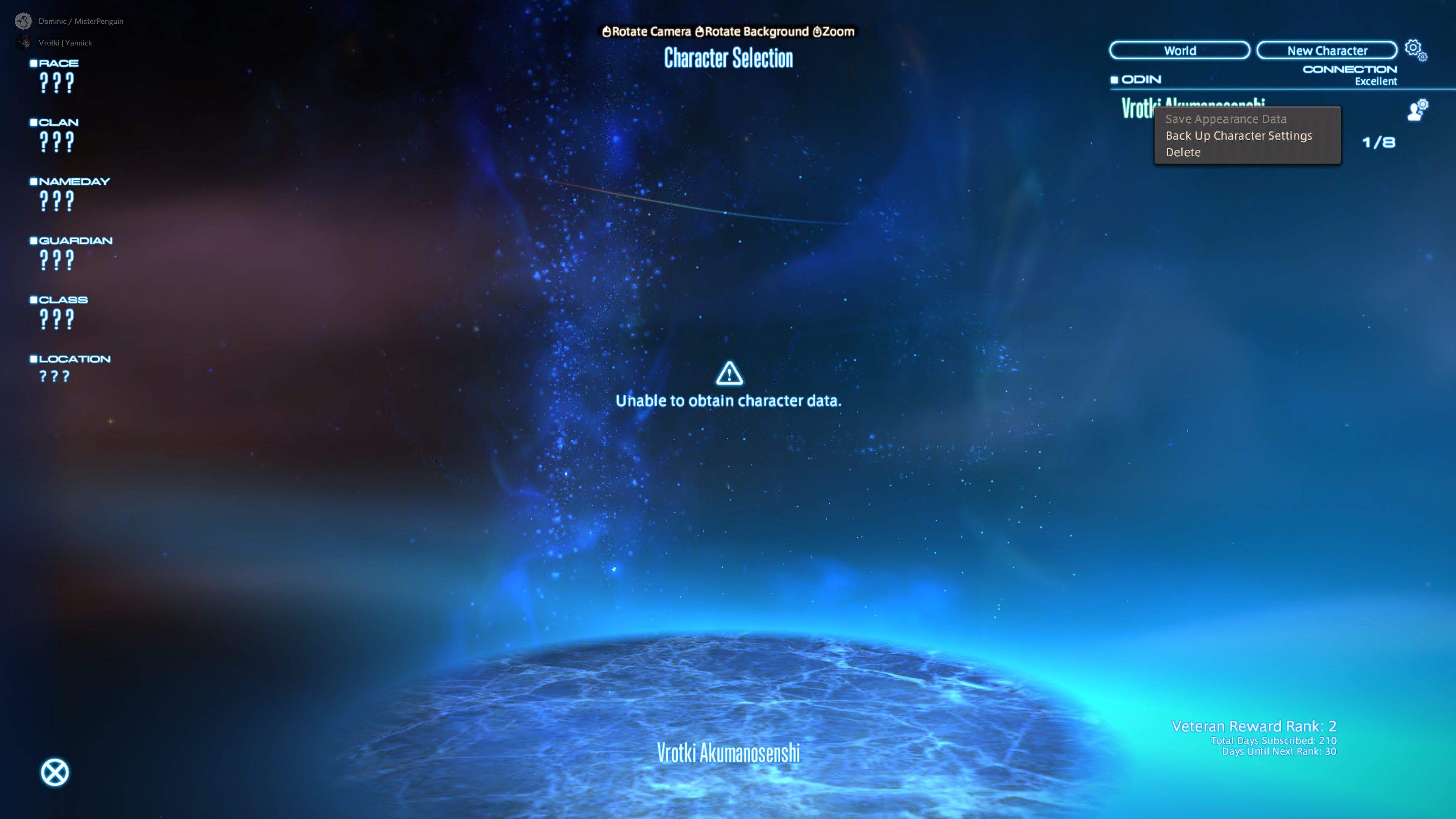 Can't change my charakter apperance with fantasia, unable to obtain character data ffxiv