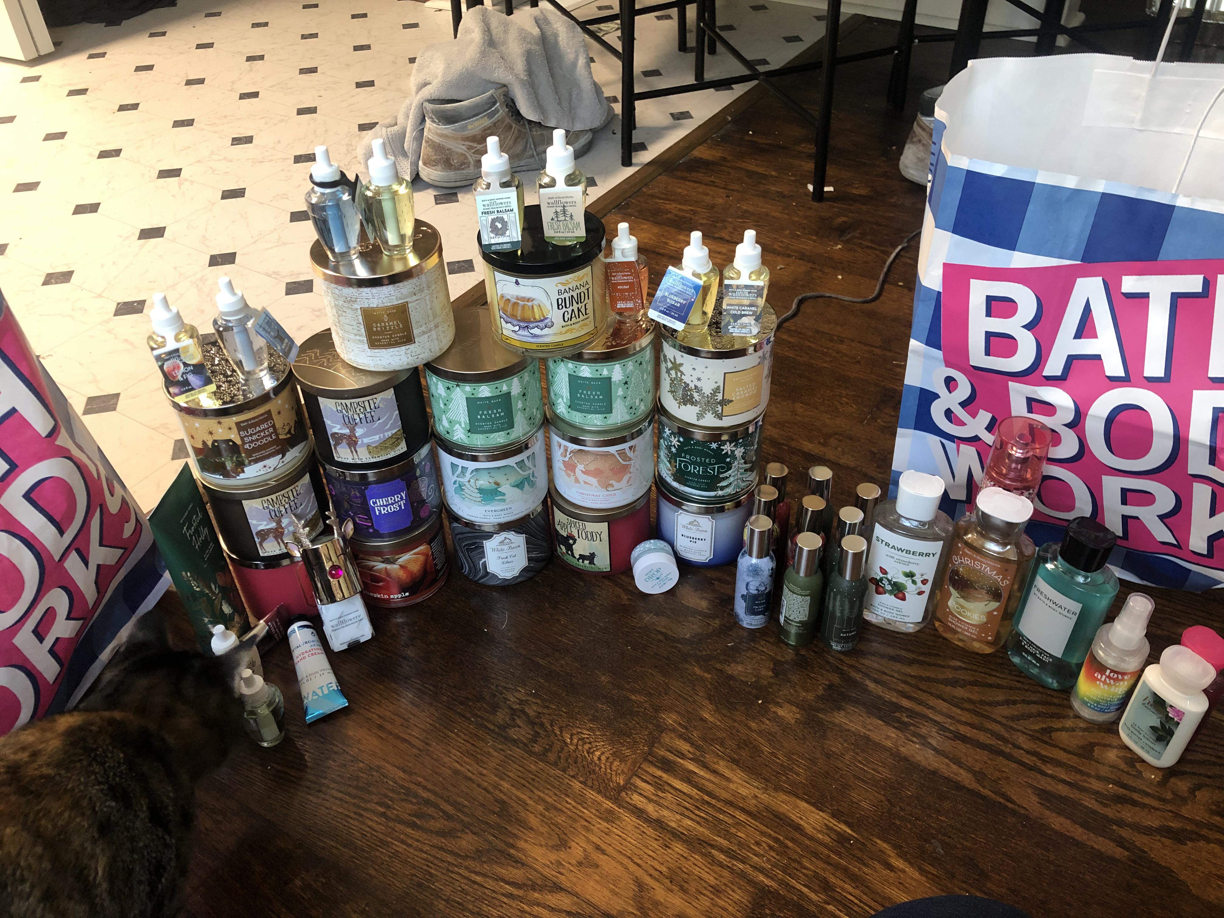 MOS haul! I’m a huge candle freak, so I got a ton. We get a third bag on Tuesday. I almost cried
