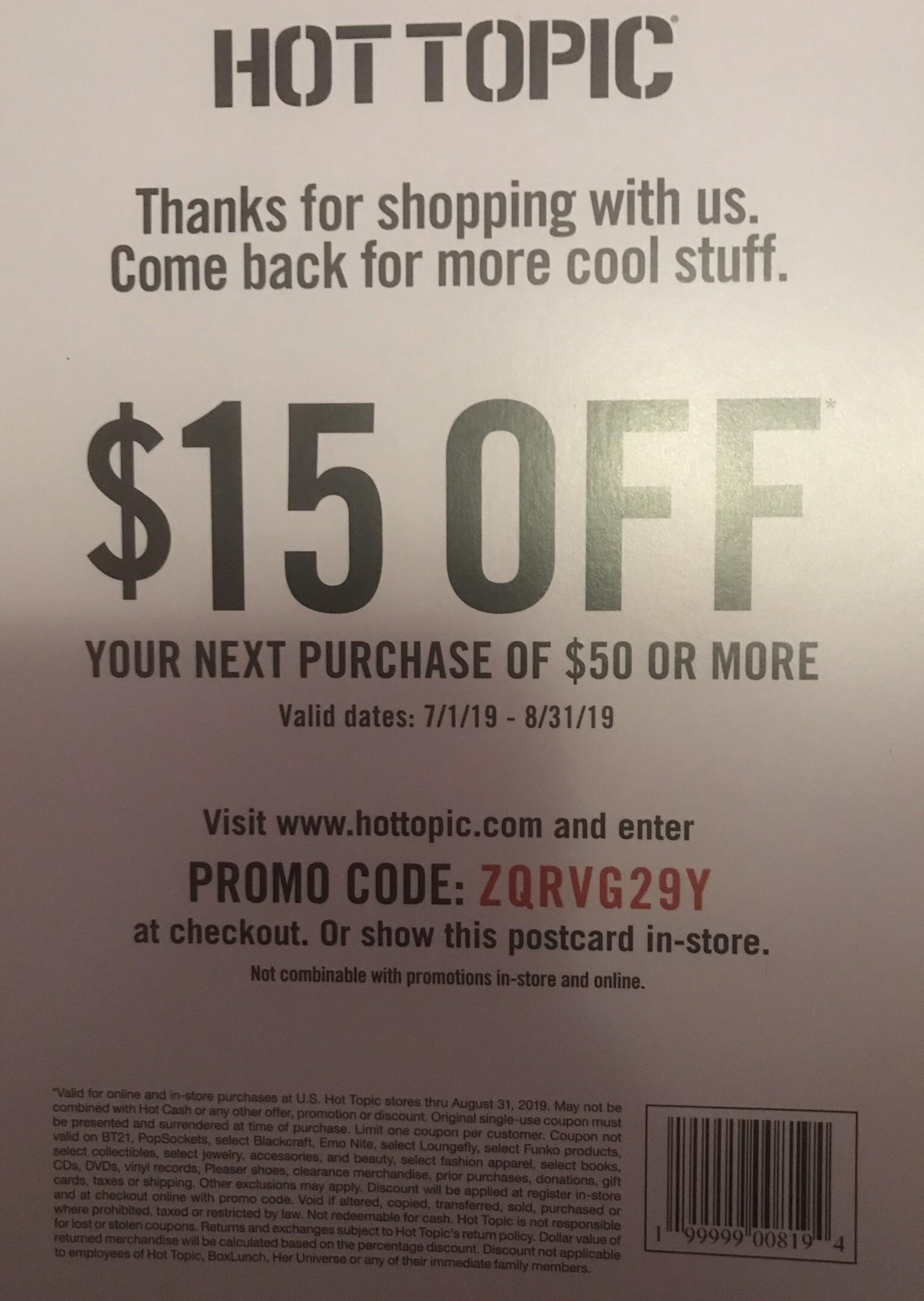 Hot Topic 15 off 50 purchase coupon r/funkopop