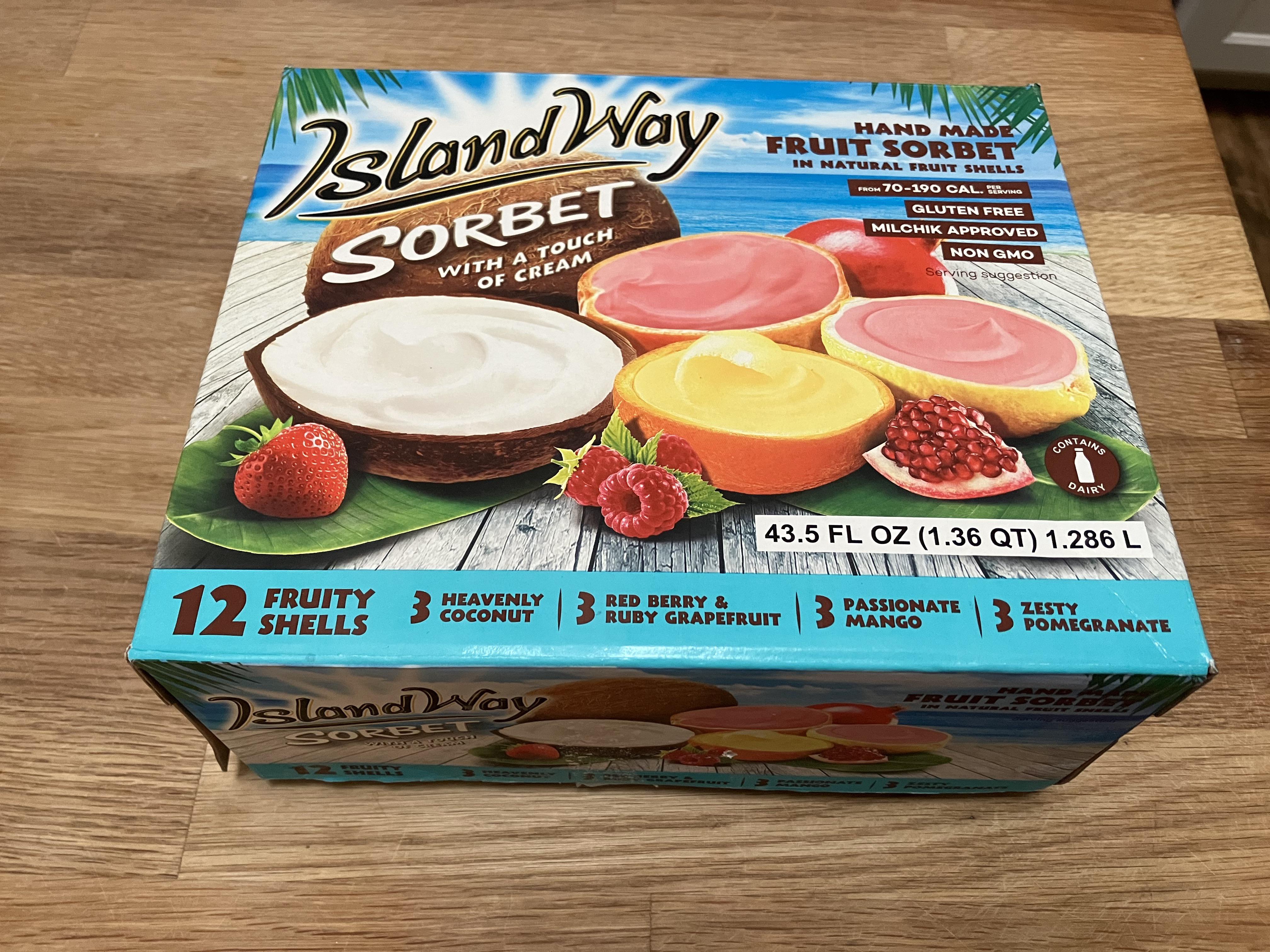 Island Way Sorbet (with a touch of cream) are quite tasty and fun with the fruit rind shell/bowl