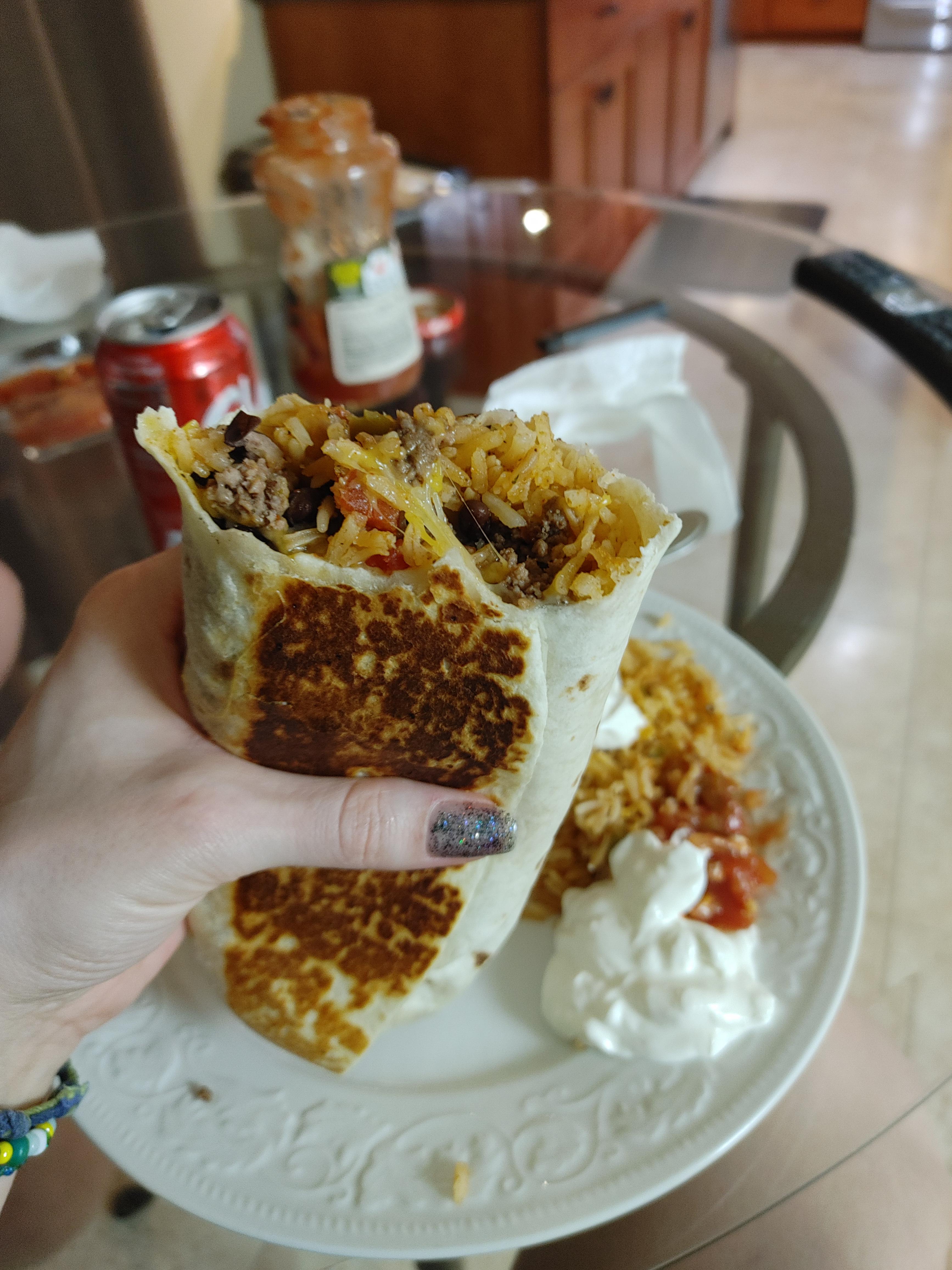 Ground Beef Burrito with homemade Spanish rice r/dinner