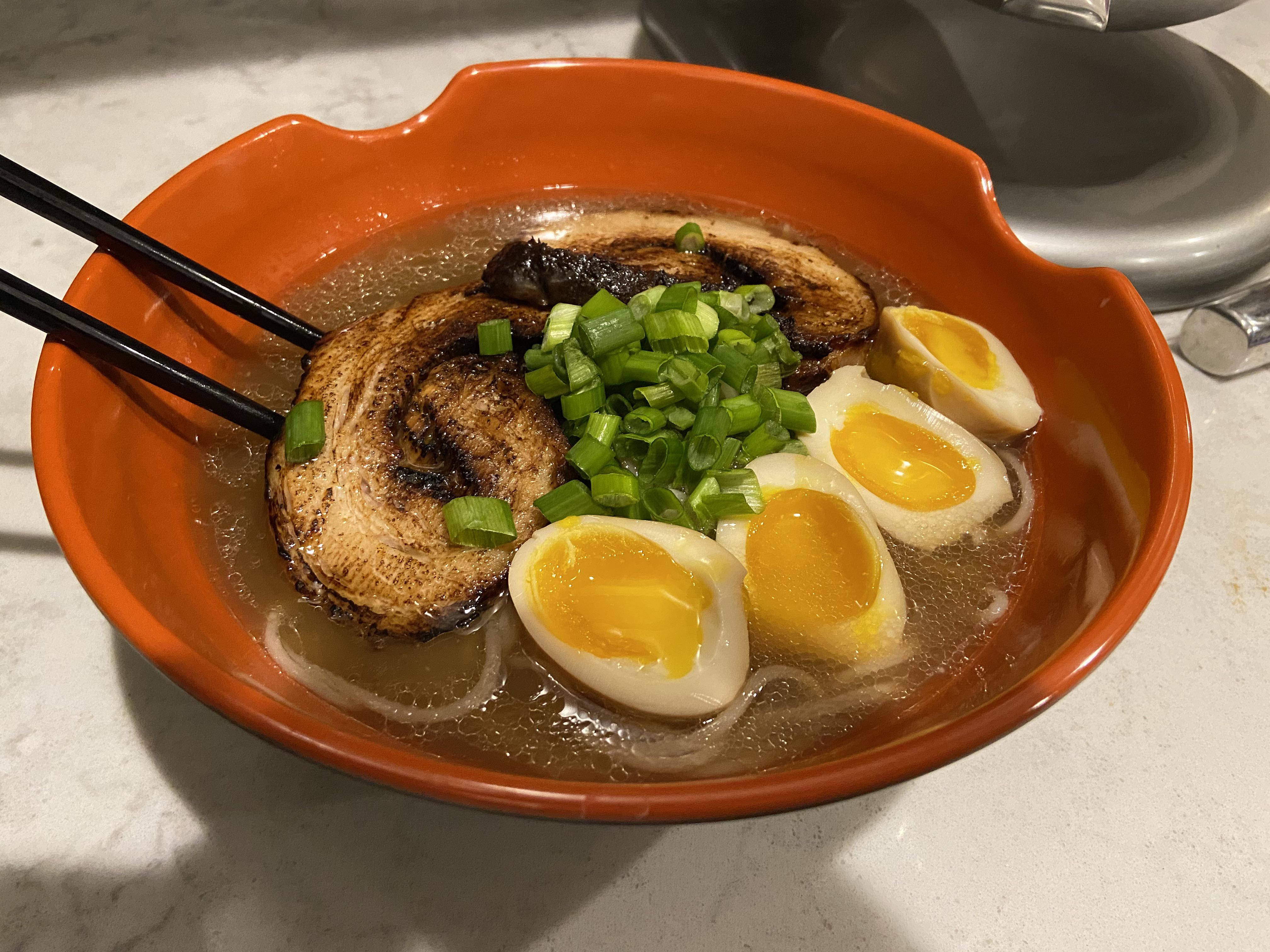 Tonkatsu Pressure cooker broth and chashu, soy egg and spring onions