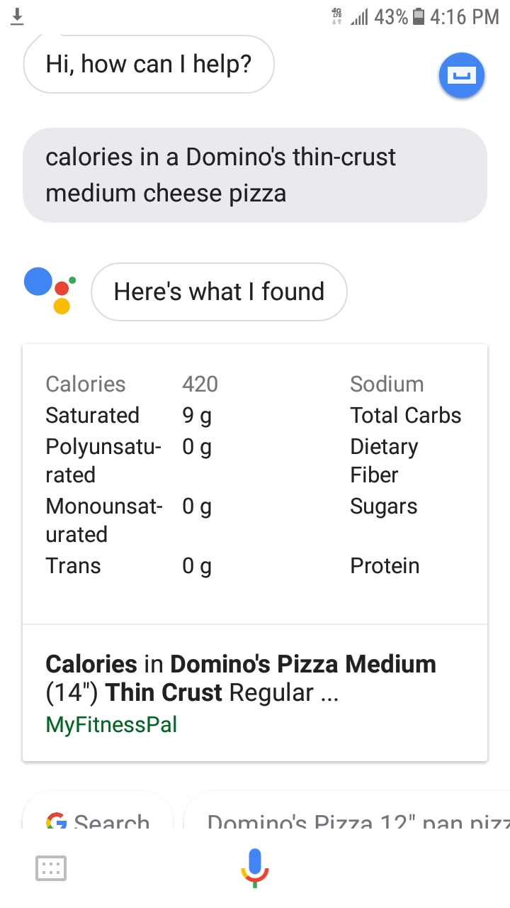 A whole Domino's medium thincrust cheese pizza. 420 calories