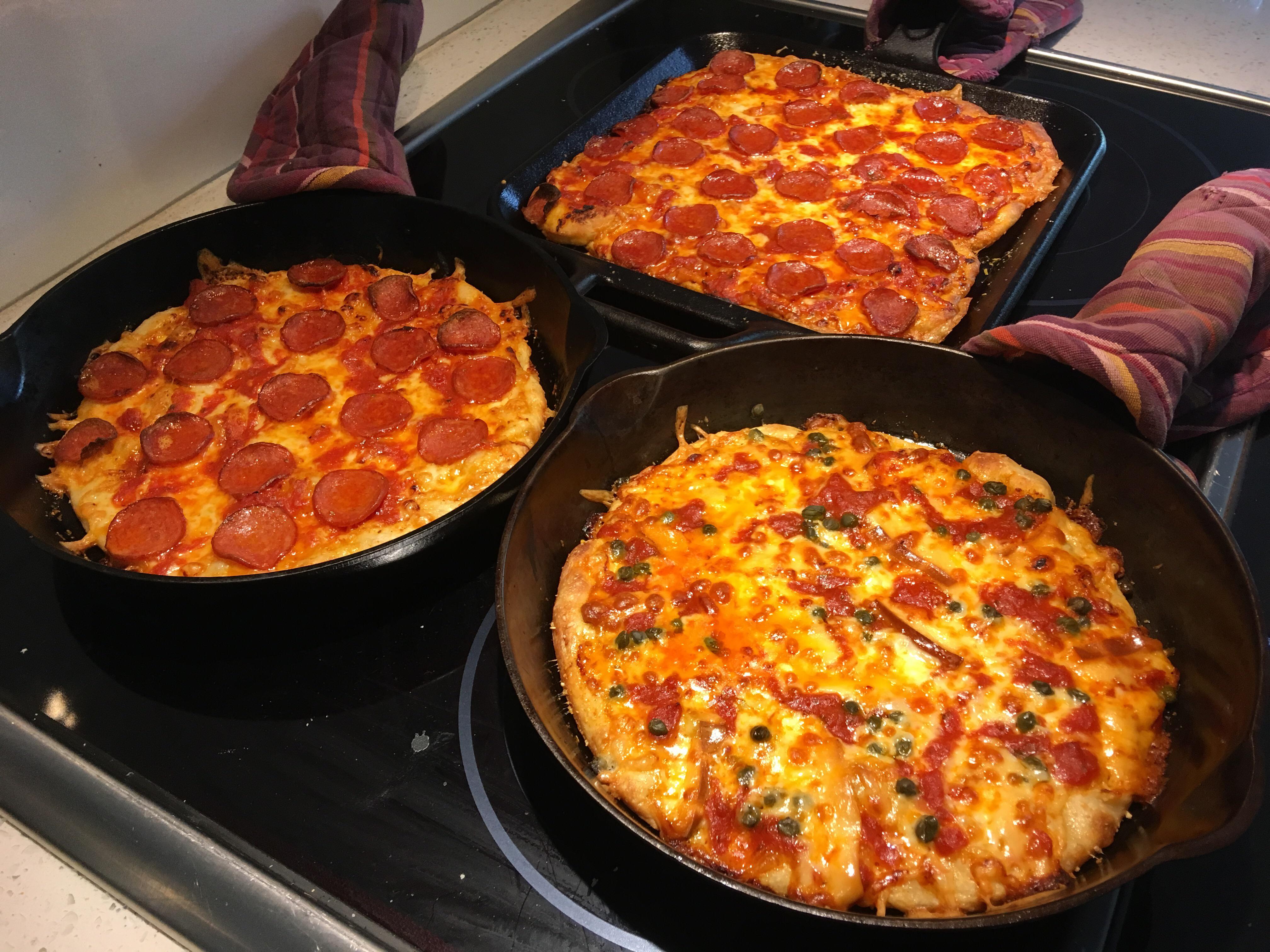 [Homemade] Cast iron pizzas 2 pepperoni and 1 capers & smoked Gouda