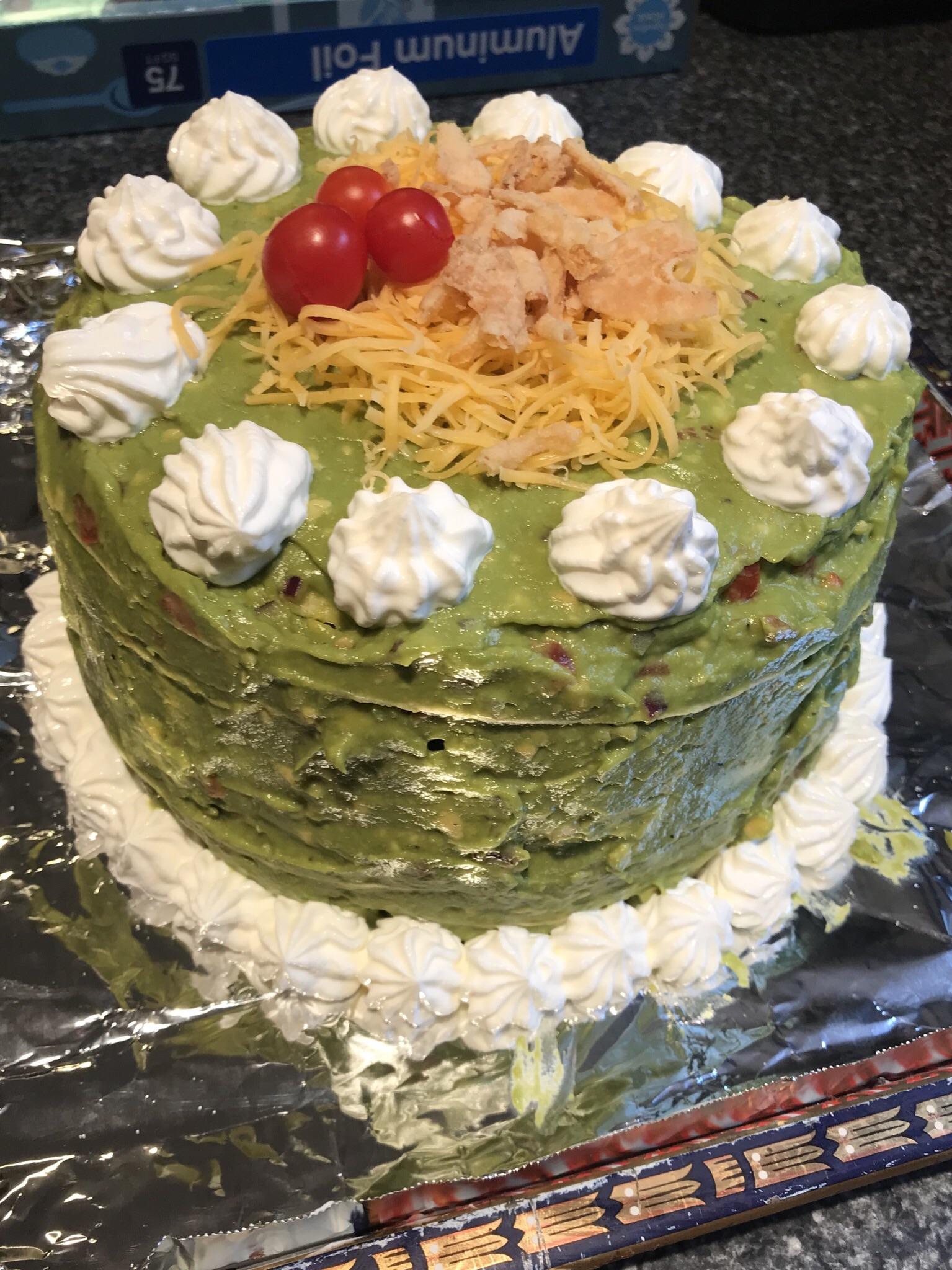[Homemade] Quesadilla cake with guacamole and sour cream frosting r/food
