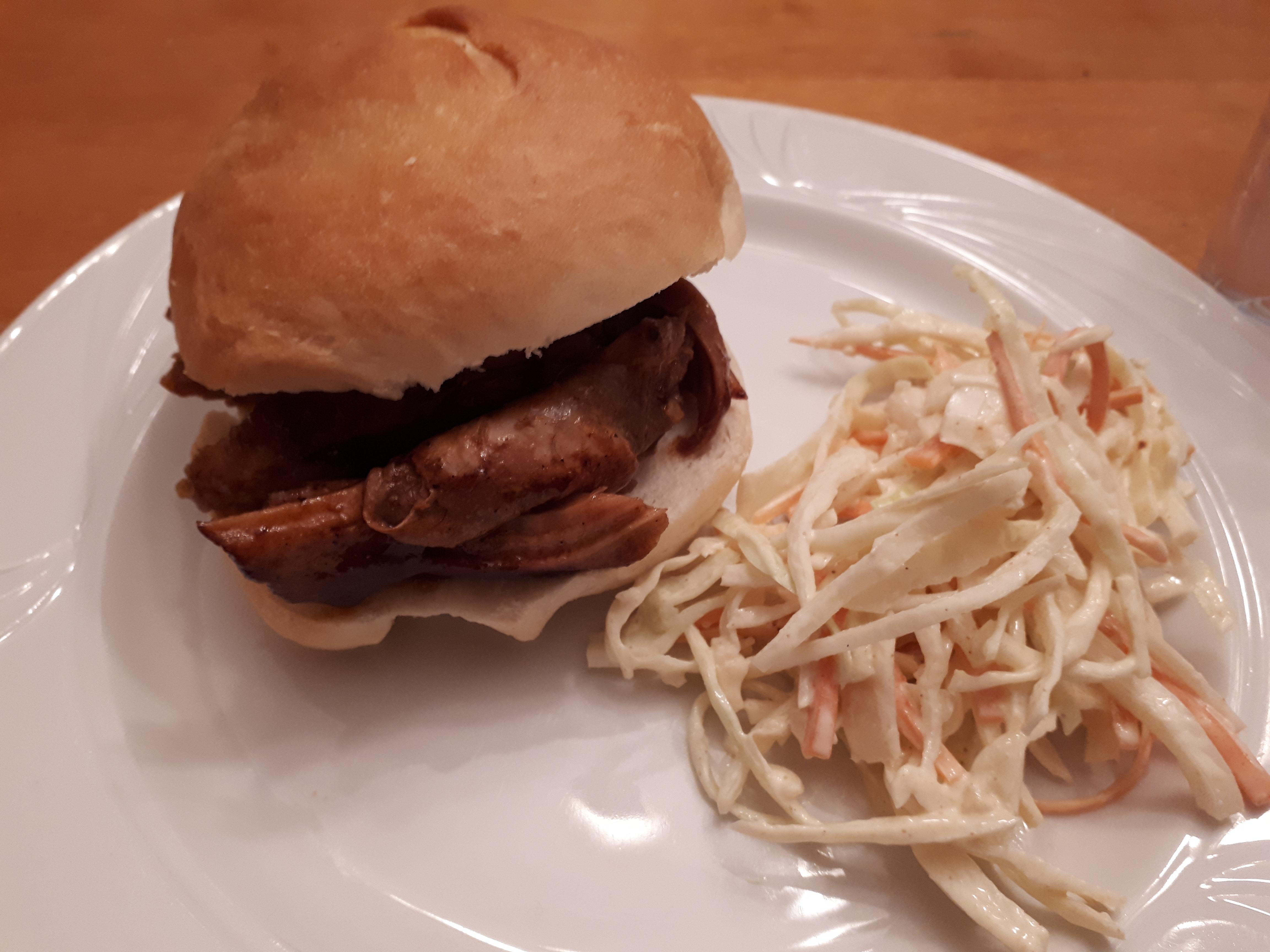 [homemade] slow cooked pulled pork on a homemade bun with a side of