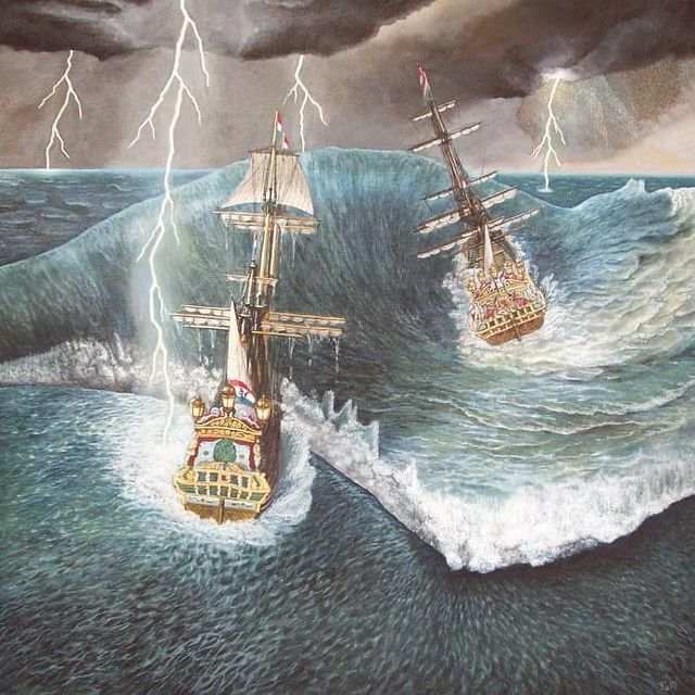 This is an oil on canvas painting of 2 VOC ships. De Zeven Provincien escorting the Nagelboom