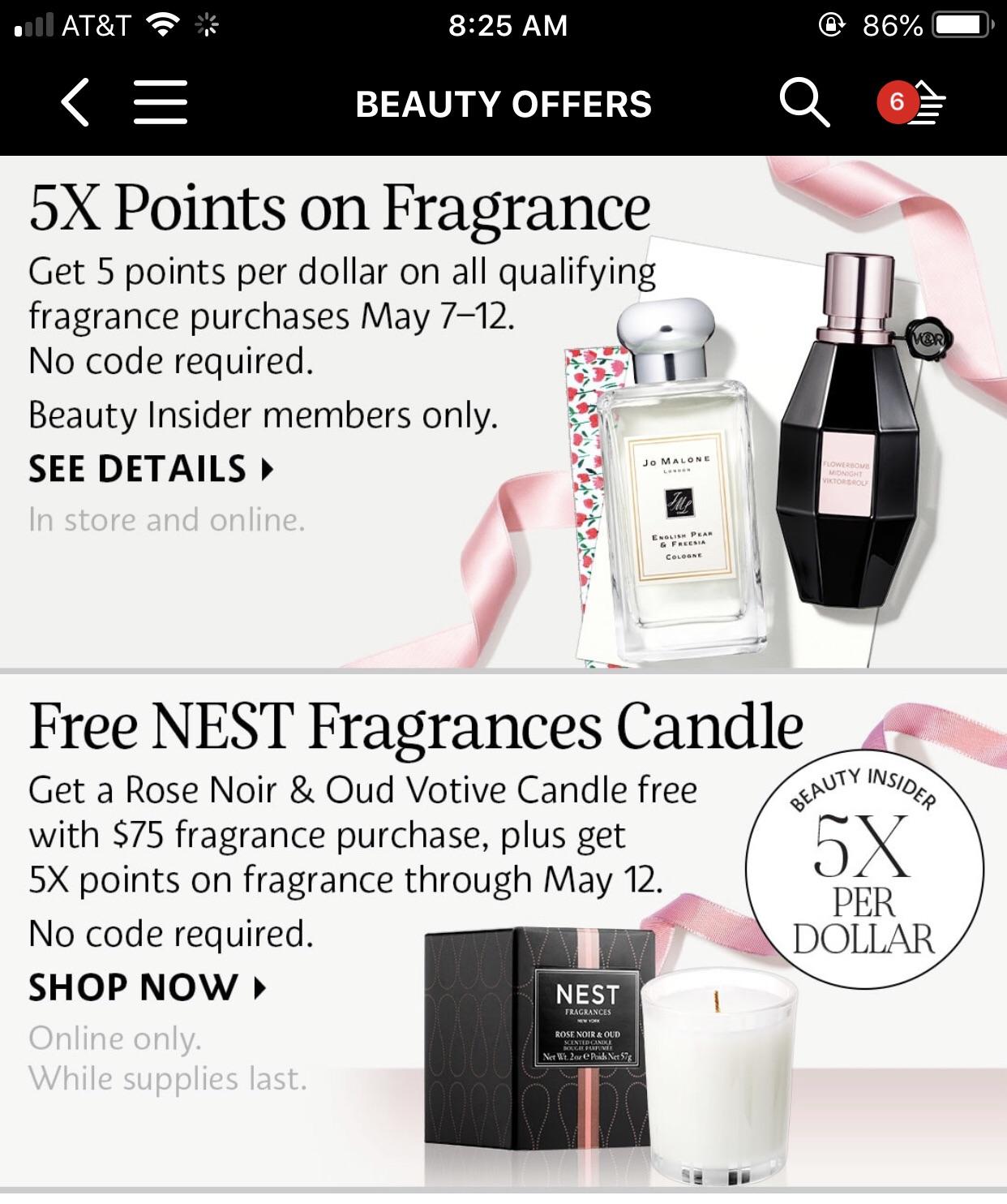 Time for 5 times points on fragrances, and you’ll get a free Nest candle with your order of 75