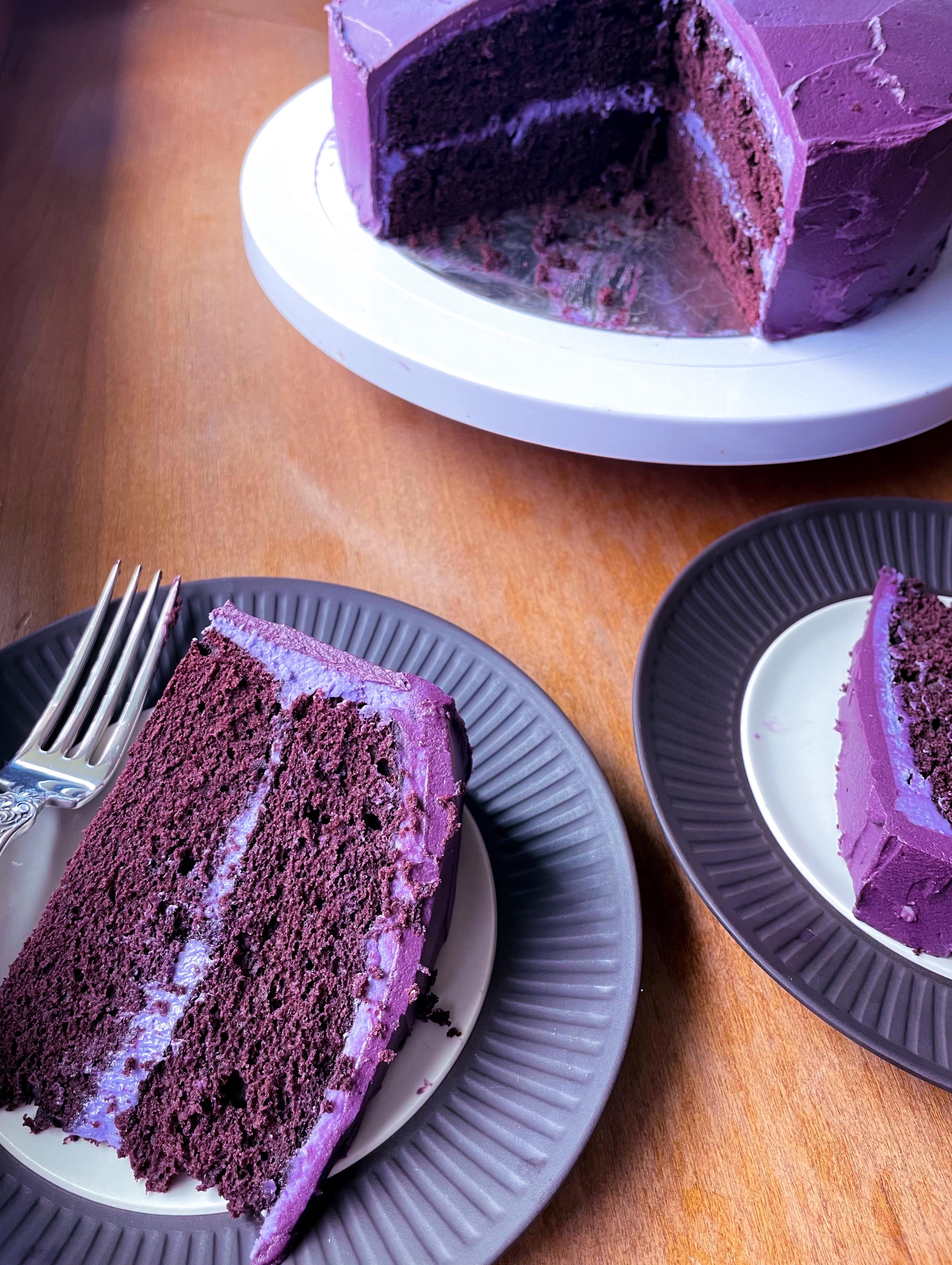 Purple velvet cake with (purple) white chocolate cream cheese frosting
