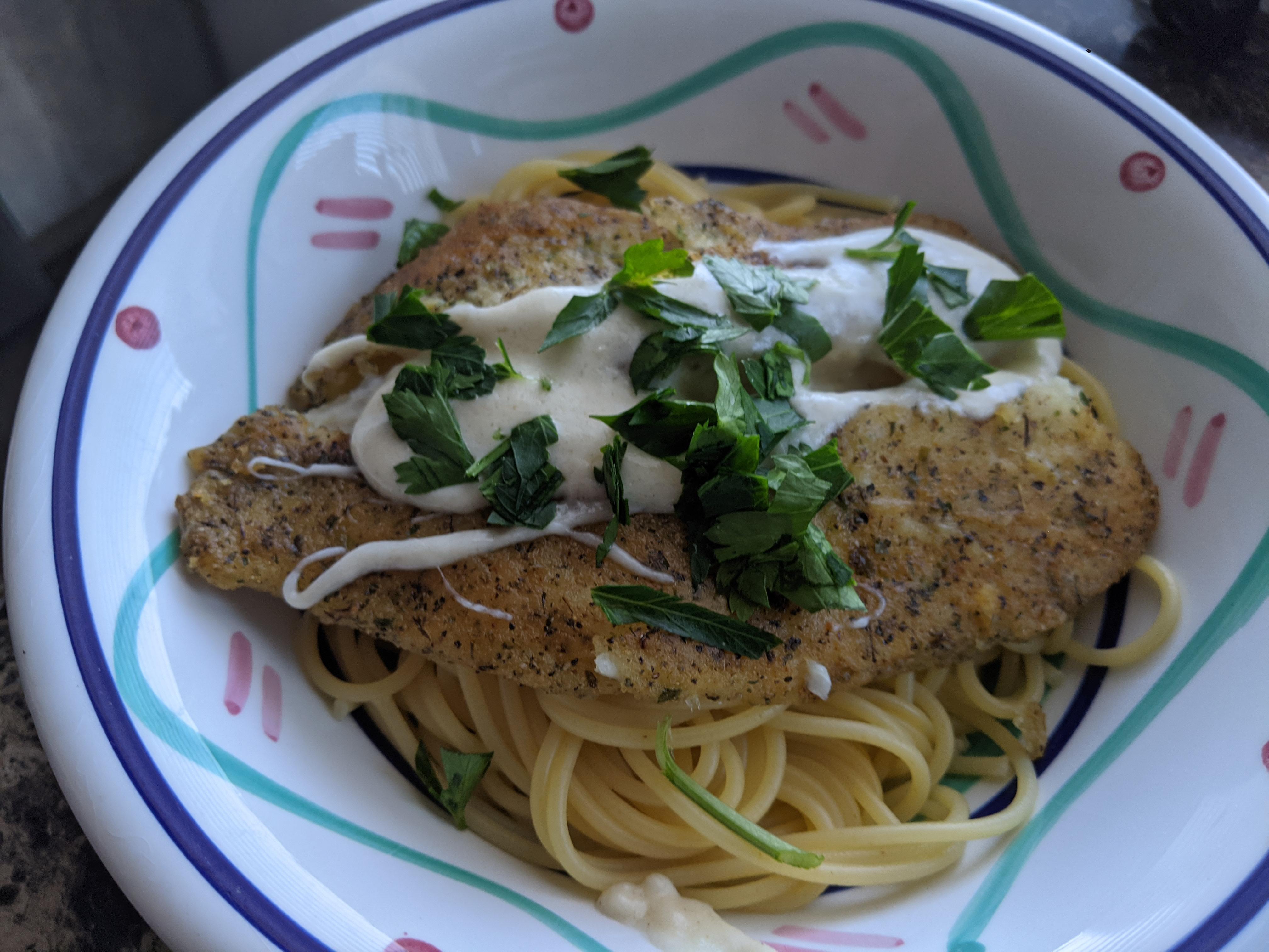 Garlic & herb tilapia with alfredo sauce r/tonightsdinner