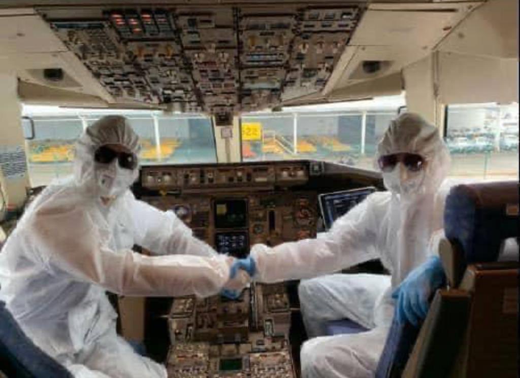 Flying to China on one of the last Delta flights. The pilots are ready