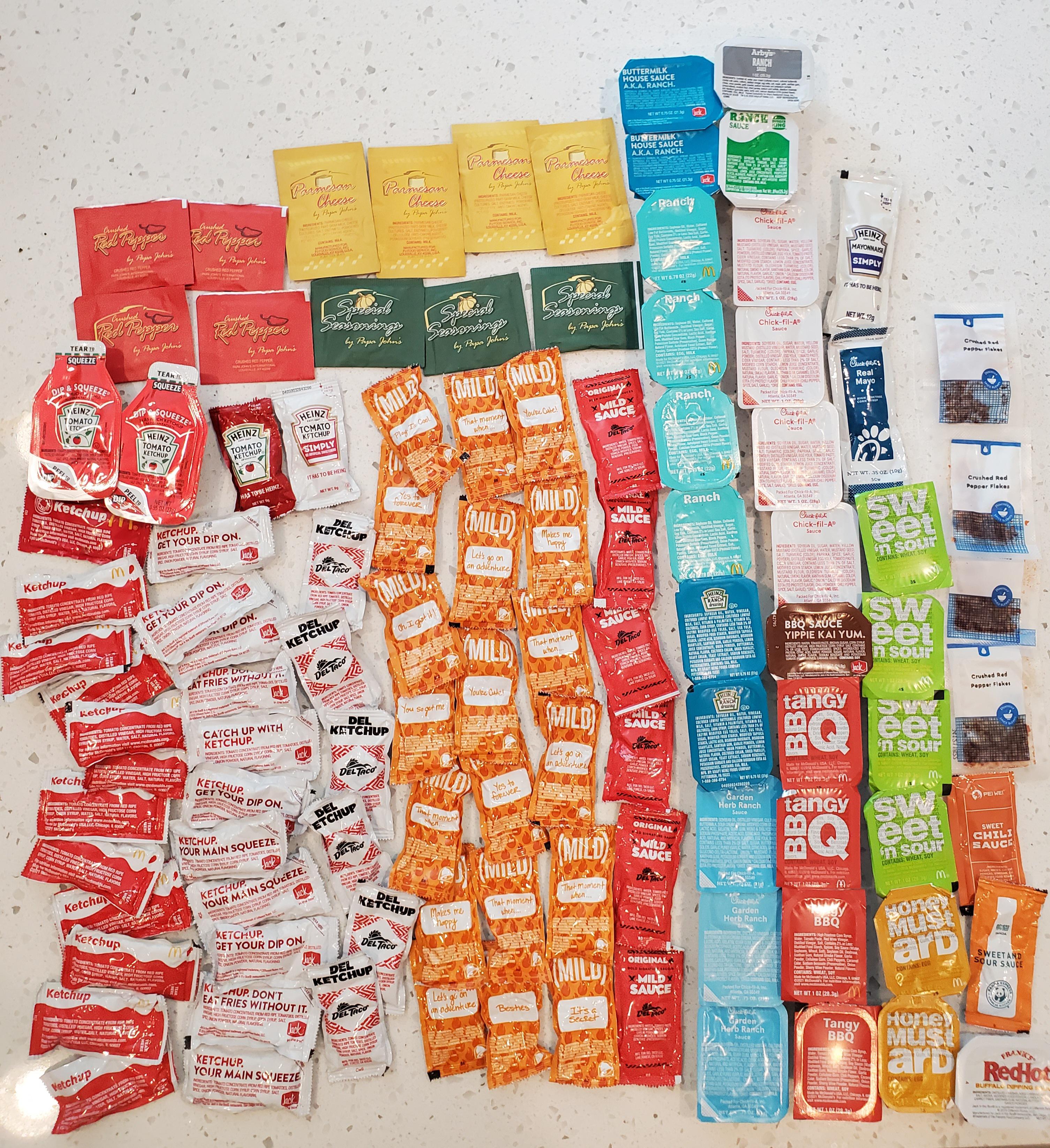 I put all of my saved up condiment packets in order r/oddlysatisfying