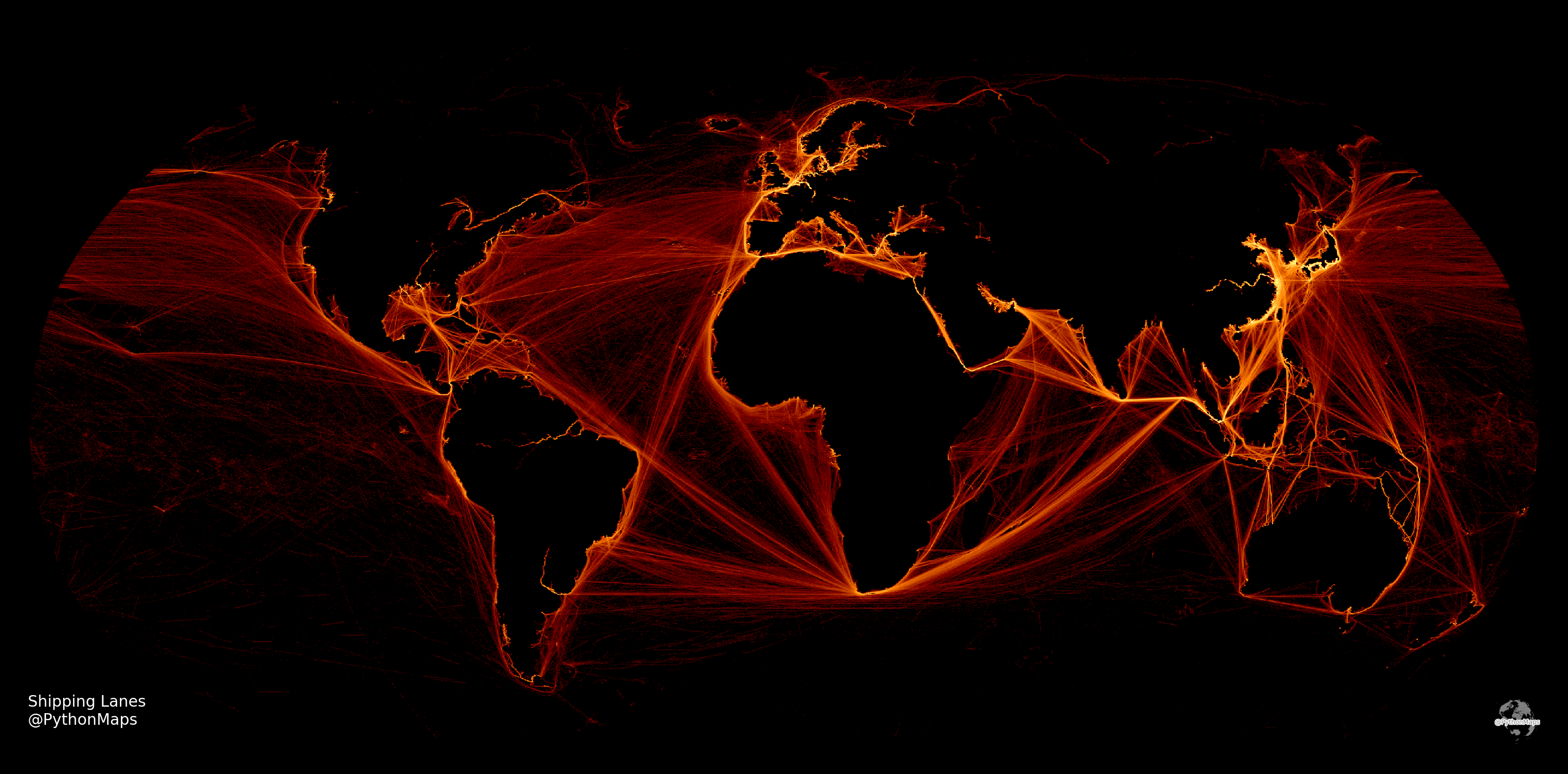 Mapping the world's shipping lanes. This map shows shipping lanes