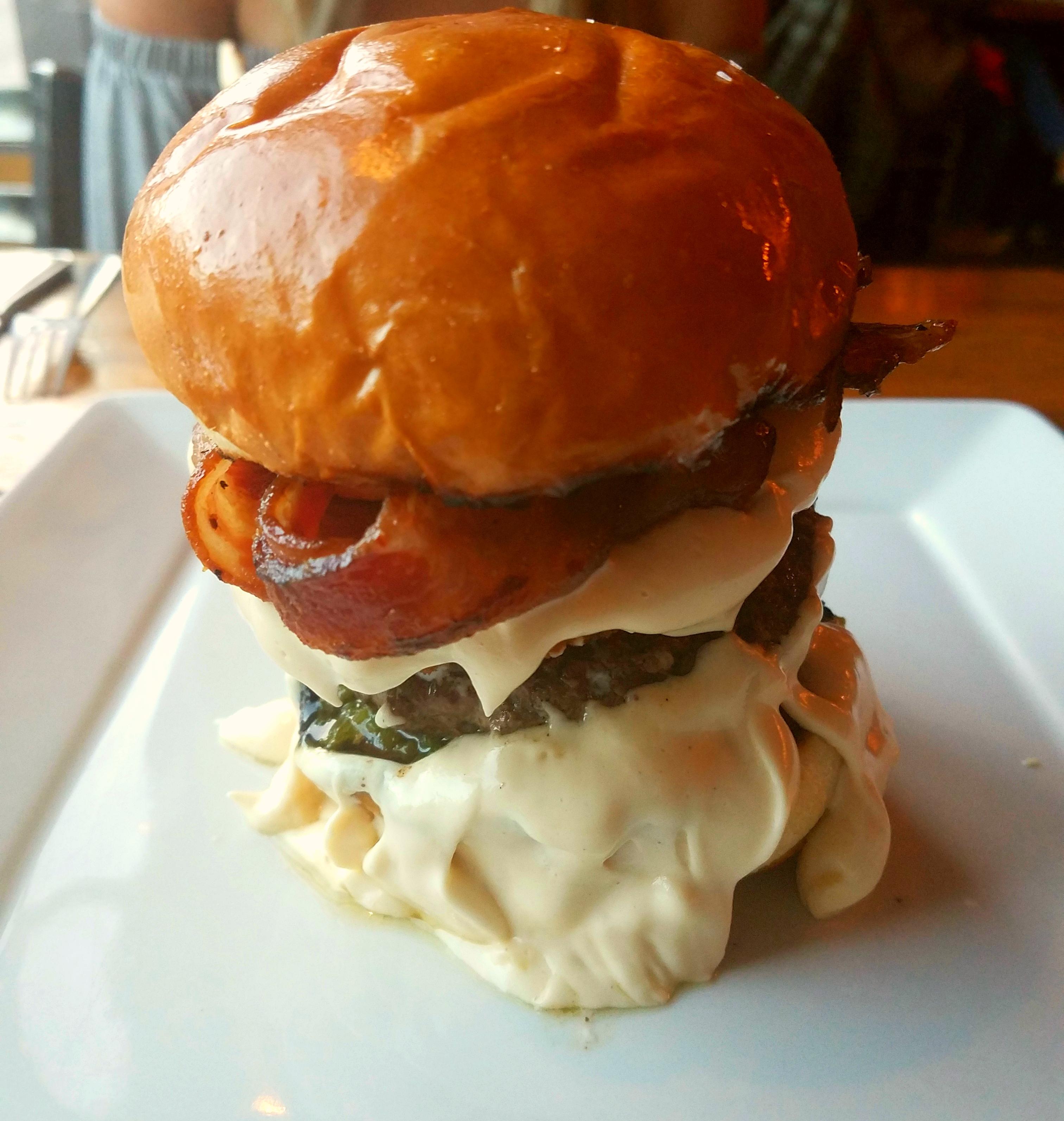 [I Ate] A Burger with Irish Cheddar Sauce, Candied Spicy Bacon, Onion