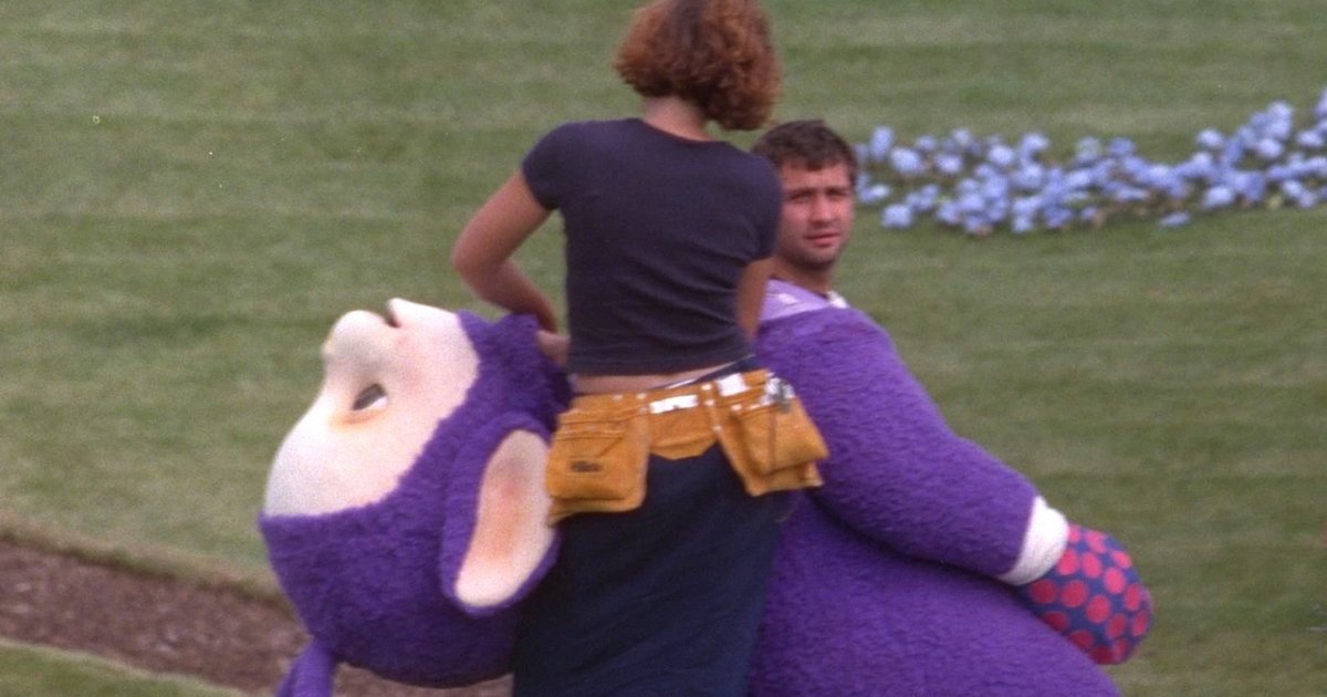 Teletubbies actor Simon Shelton in his Tinky Winky costume. (Late 90s