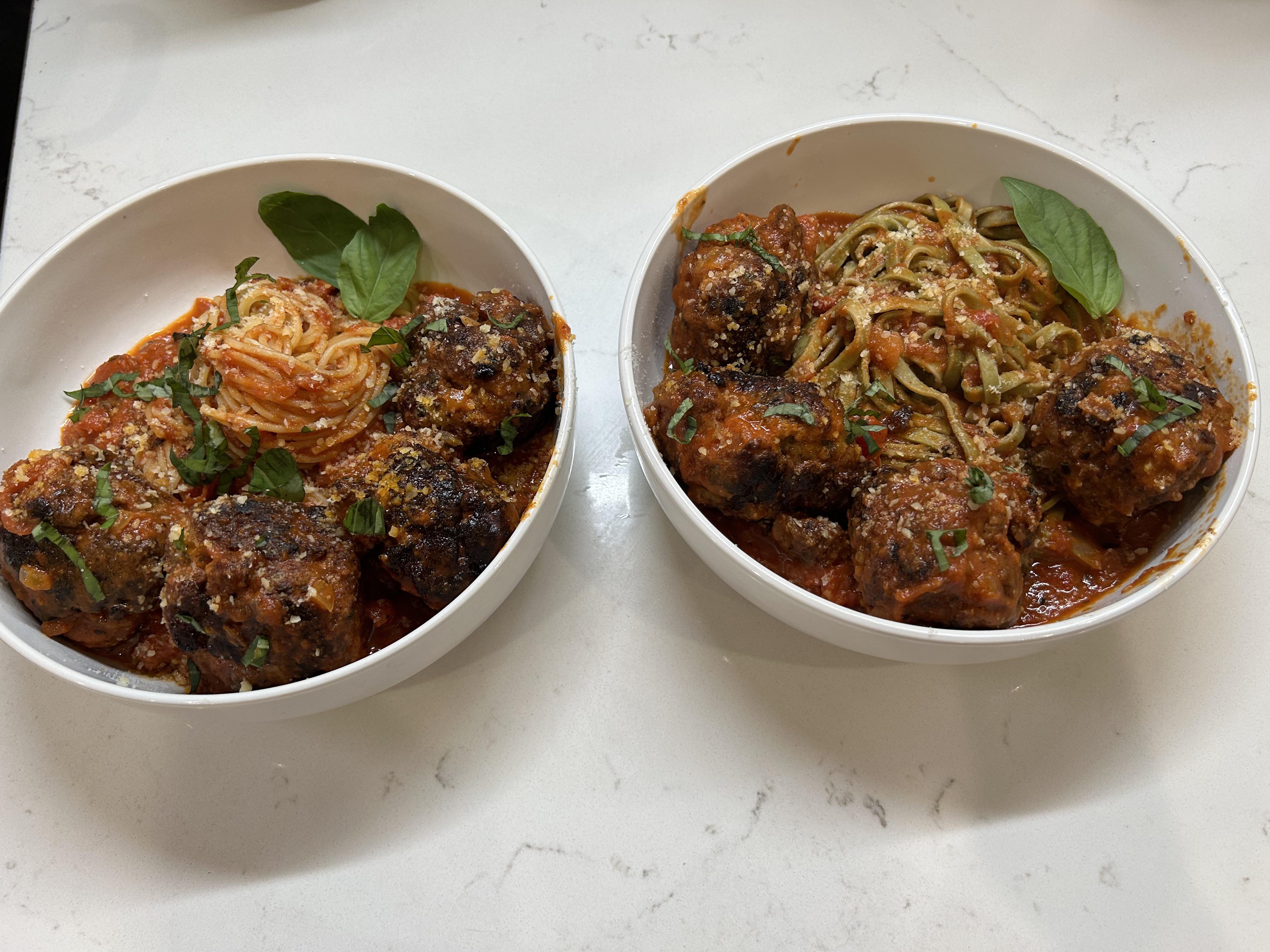Turkey meatballs w/ Vodka sauce and spinach chive pasta. All made with stuff from TJ’s r
