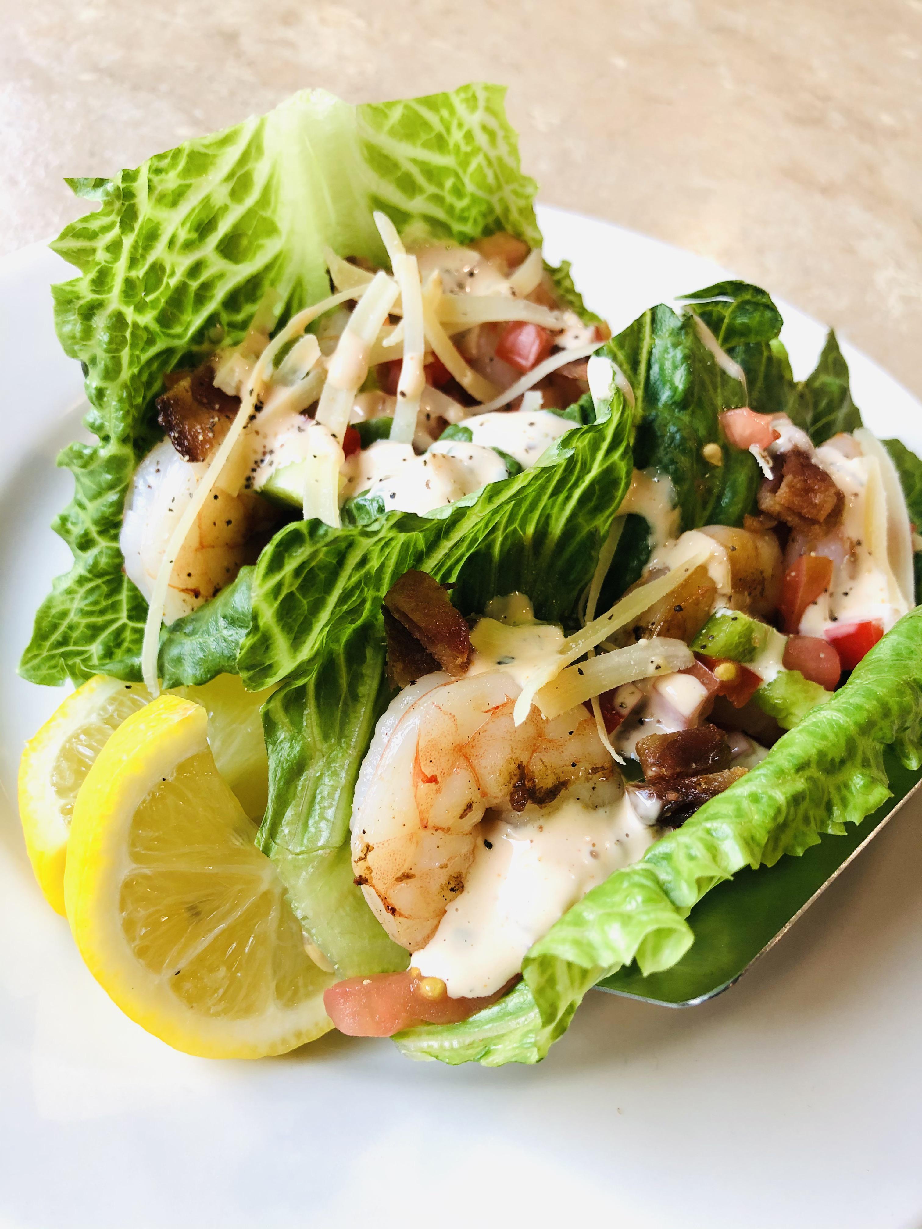 [Pro/Chef] Lettucewrap shrimp tacos with Parmesan cheese, diced