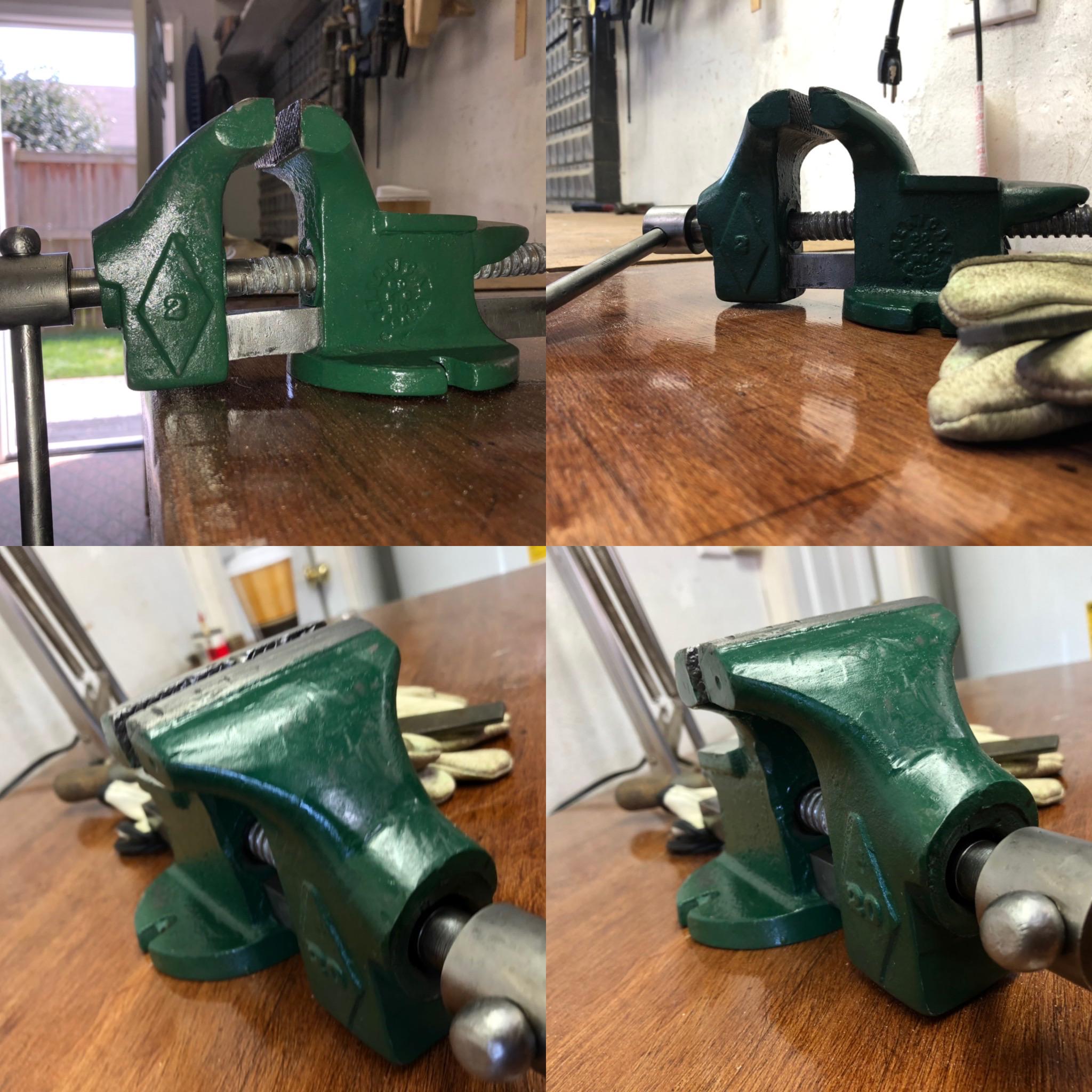 My vise I restored with my grandpa. Sandblasted the old layer of paint and shined it, painted it
