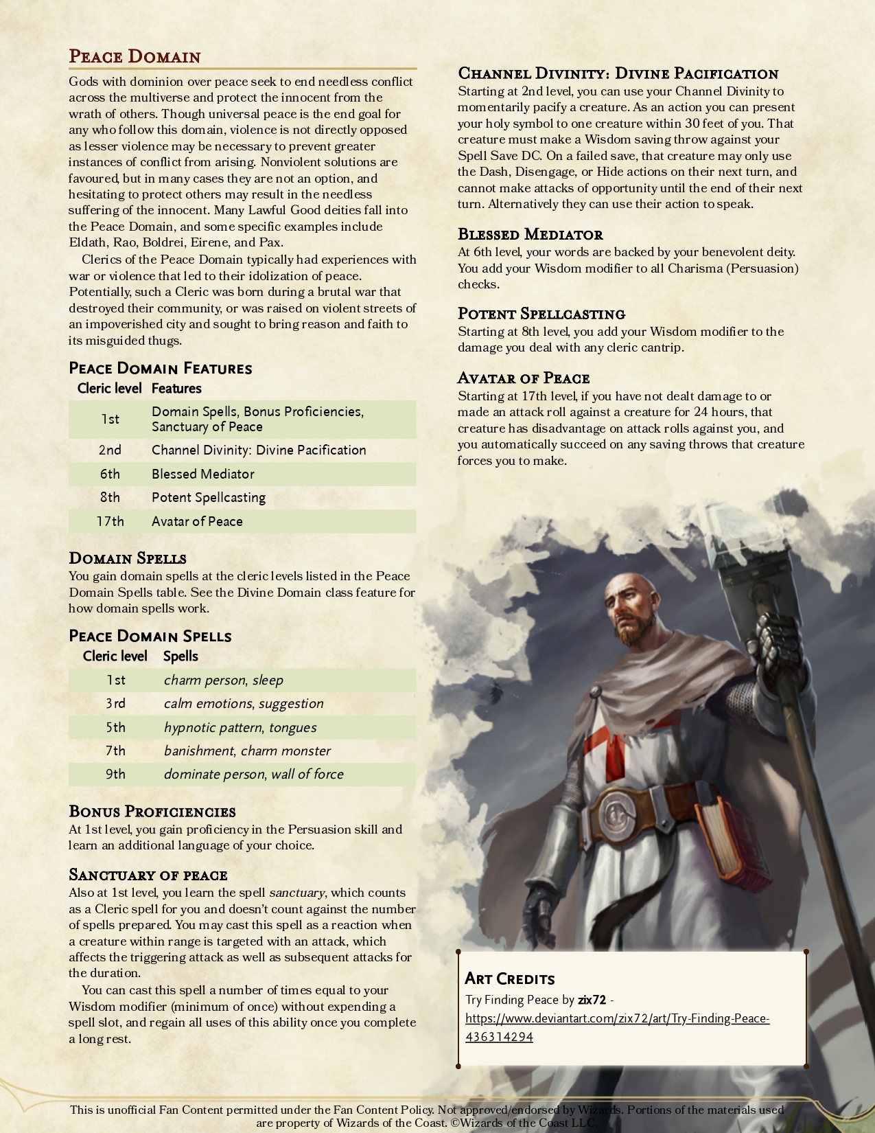 The Peace Domain A Cleric subclass for the devout hippie DnDHomebrew