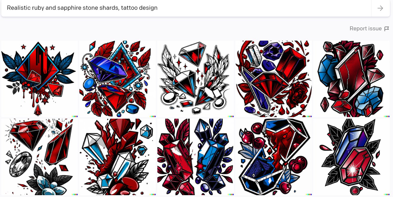 "Realistic Ruby and Sapphire Stone Shards, Tattoo Design" dalle2