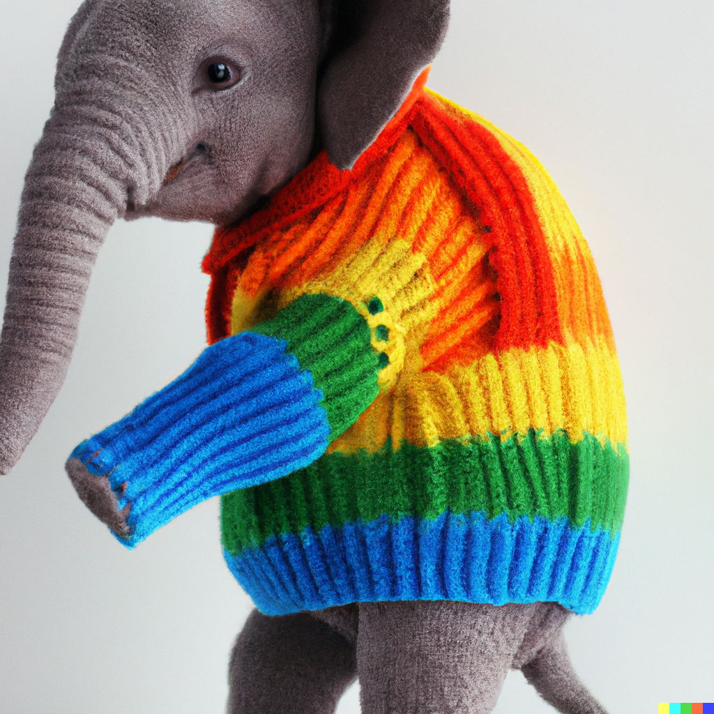 an elephant wearing a rainbowcolored knitted sweater r/dalle2