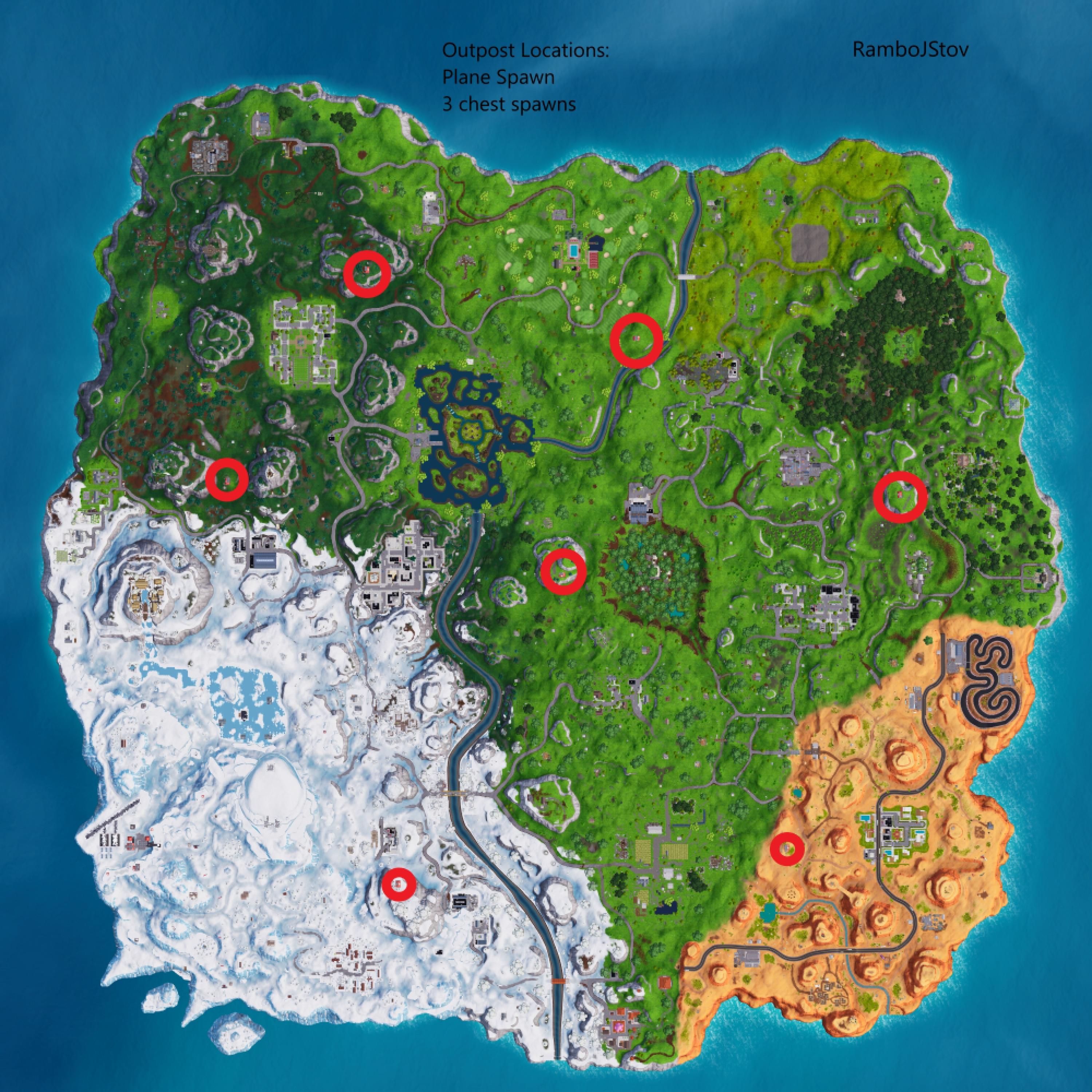 Circled “outpost” locations that have 3 chest spawns and a plane spawn to replenish supplies and