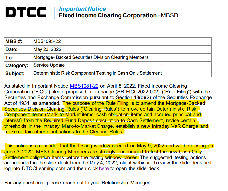 FICC MBS Alert! Ccertain Deterministic Risk Component items (Markto