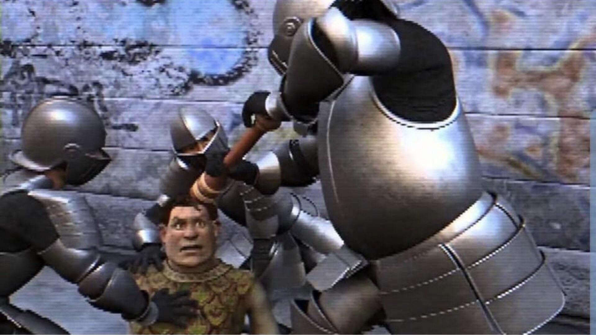 in Shrek 2 (2004) the guards grid pepper directly on Shrek’s eyes since