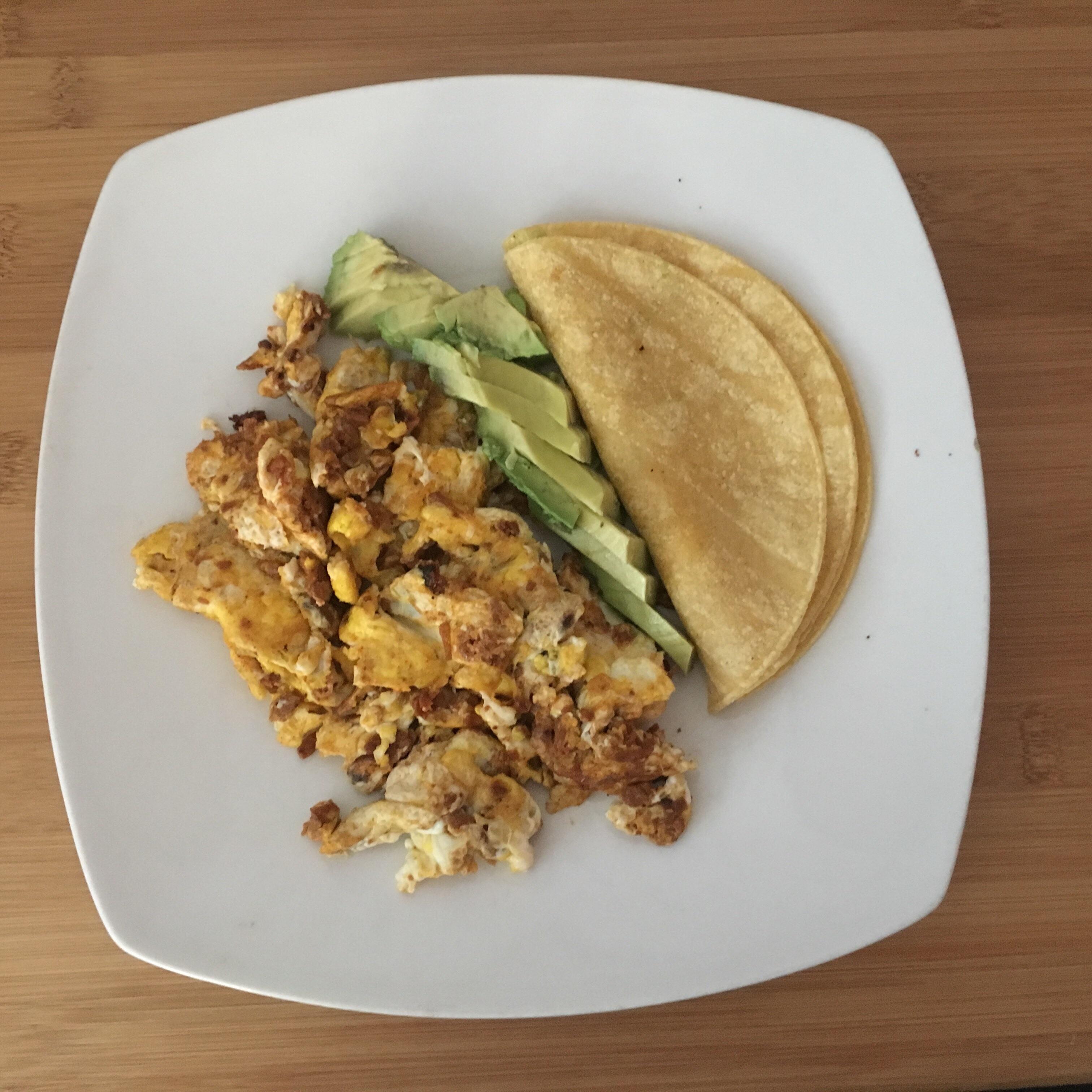 My yummy Mexican breakfast. Only 358 calories!! 1 oz soy chorizo, 2