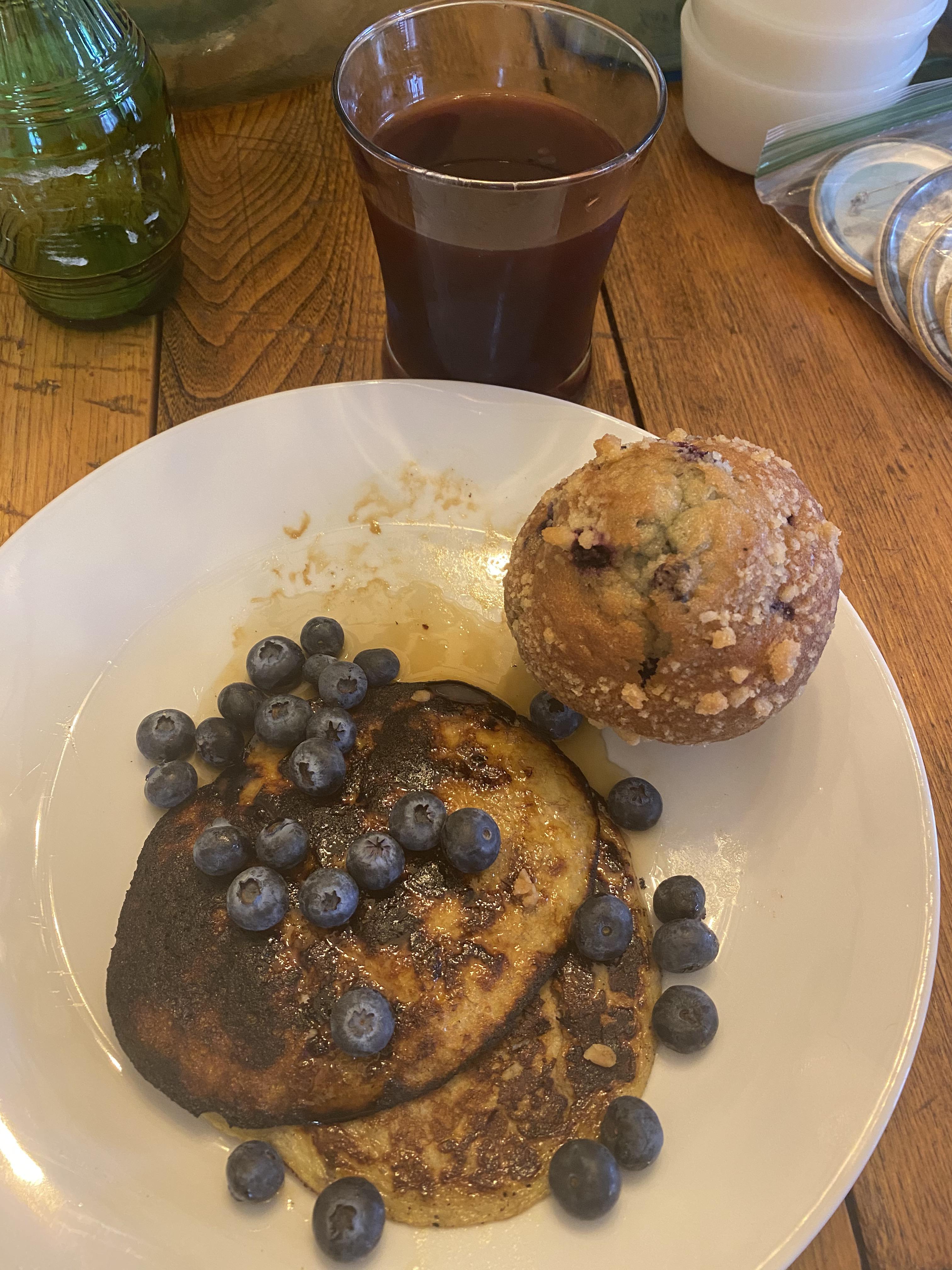 Burnt, flat, banana blueberry pancakes. Expired blueberry aldi muffin