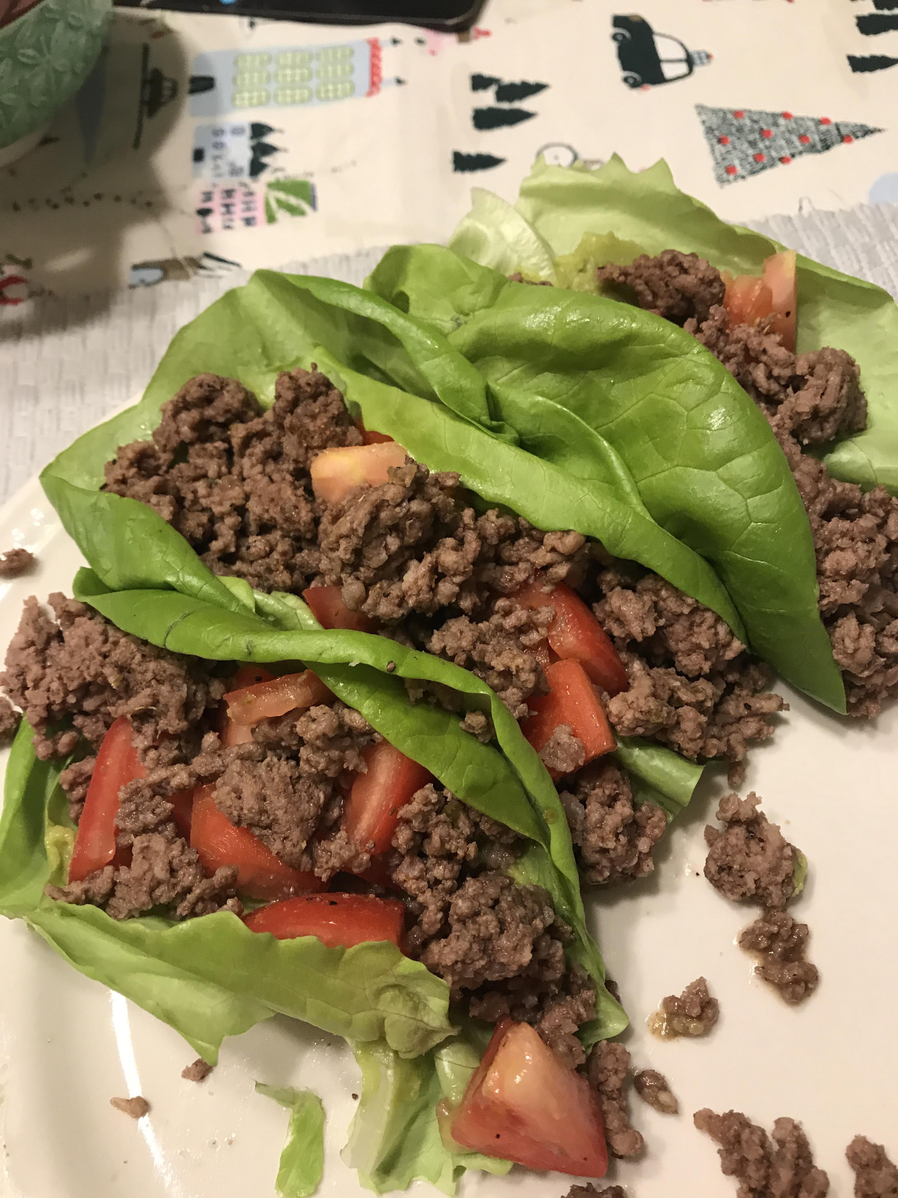 R2D5 TACOS with ground beef, homemade taco seasoning, guac, and