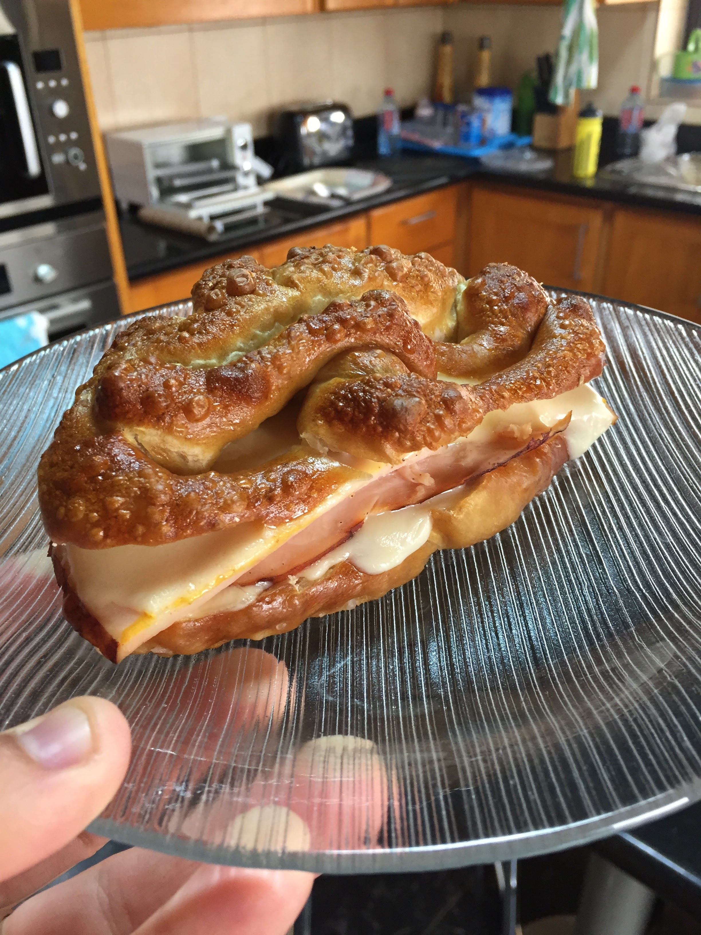 [Homemade] I made a Turkey and cheese sandwich using Pretzel Bread for my wife this morning r/food