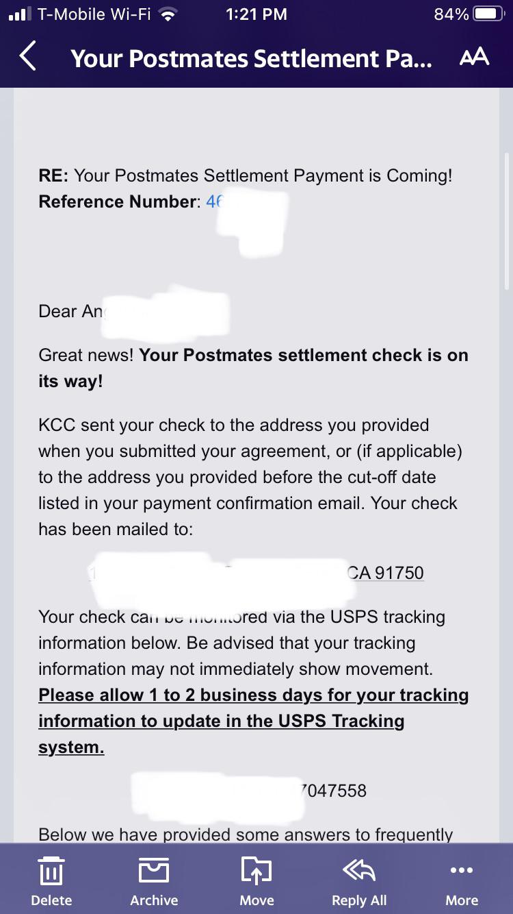 Settlement check, legit. It’s in transit now.. r/postmates